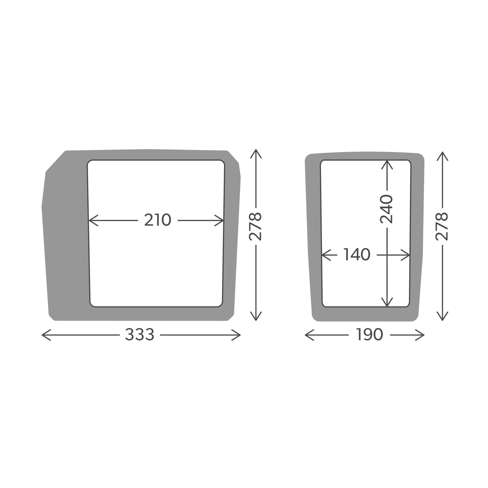 Diagramm mit zwei grauen rechteckigen Formen, mit Abmessungen in Millimetern. Pfeile zeigen die Maße an.