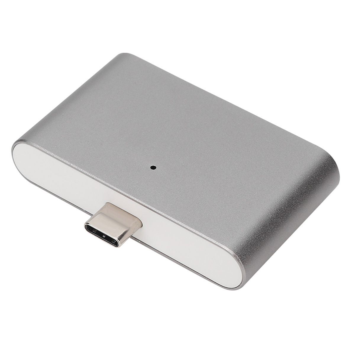 Ein silbernes rechteckiges Gerät mit einem USB-C-Anschluss. Die Oberseite ist silberfarben und der untere Teil weiß mit abgerundeten Kanten.