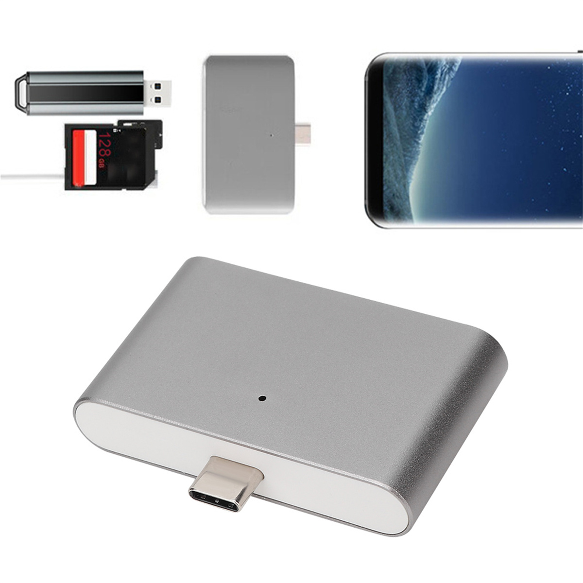 Ein silberner USB-C-Adapter mit einem Telefonbildschirm, einem USB-Laufwerk, einer SD-Karte und einem weiteren Adapter. Alles ist silber und auf weißem Grund.