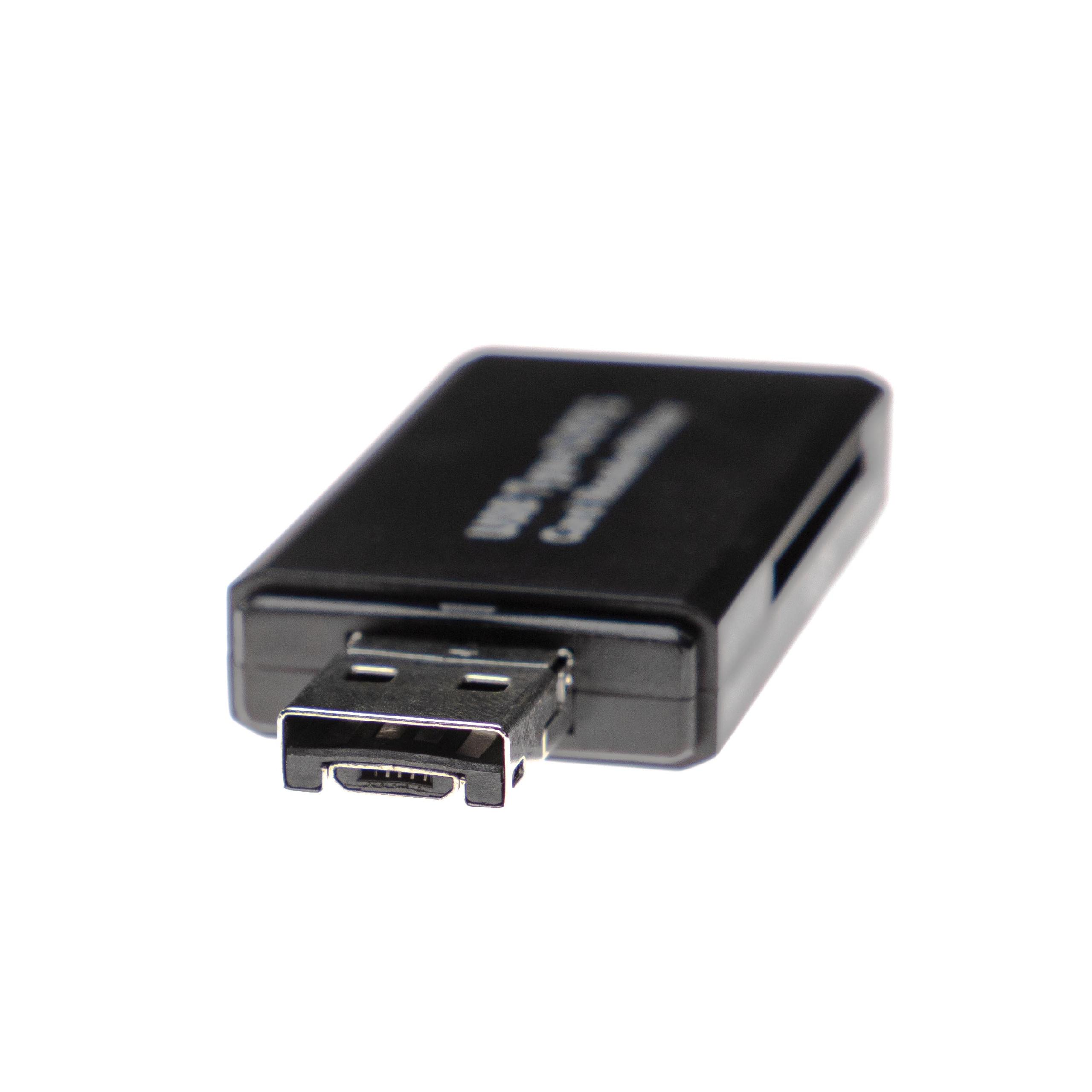 Ein schwarzes USB-Kartenlesegerät mit USB-Anschluss, leicht zum Betrachter geneigt, vor weißem Hintergrund.