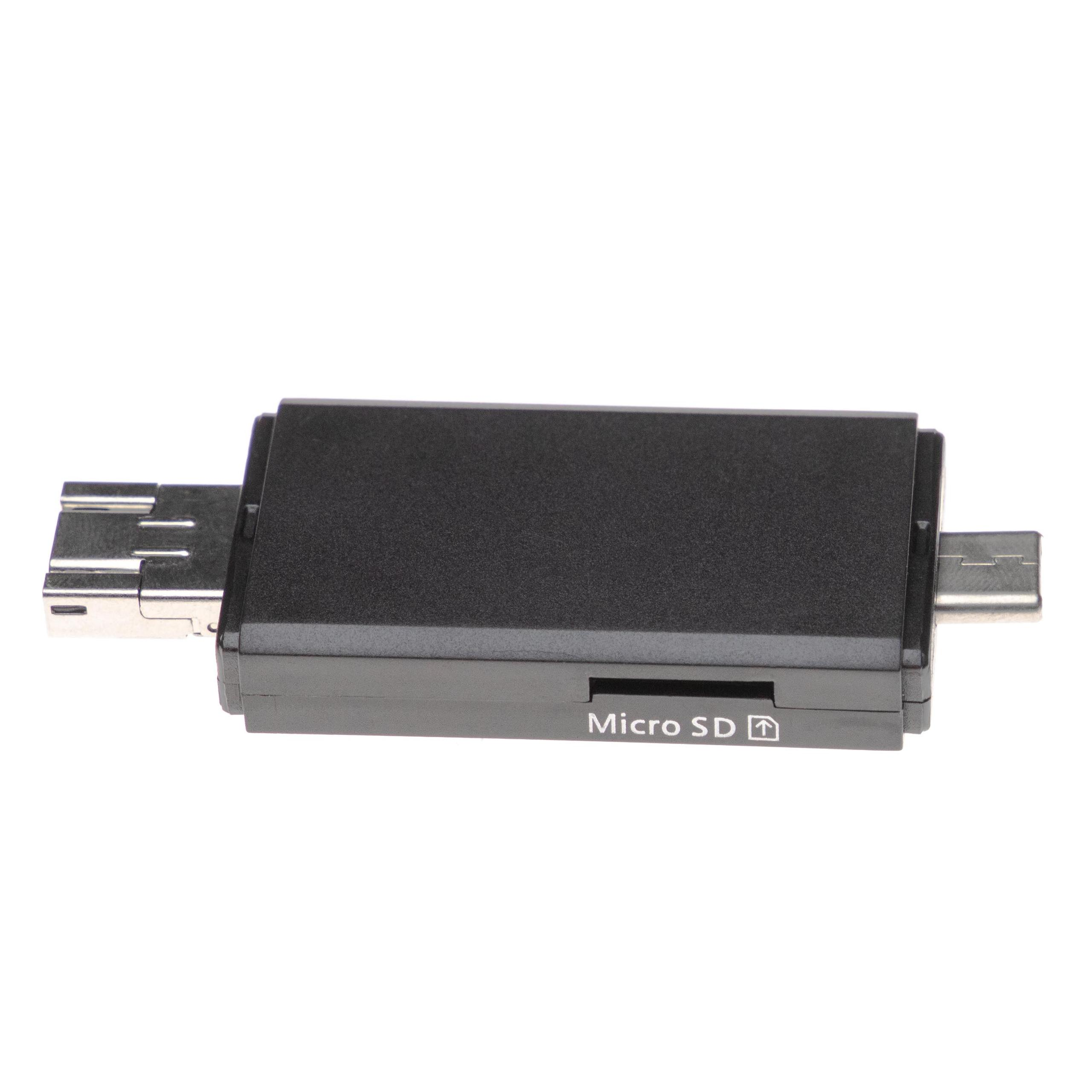 Ein schwarzer Micro-SD-Kartenleser mit USB-A- und USB-C-Anschlüssen. Das Gerät befindet sich auf weißem Hintergrund.