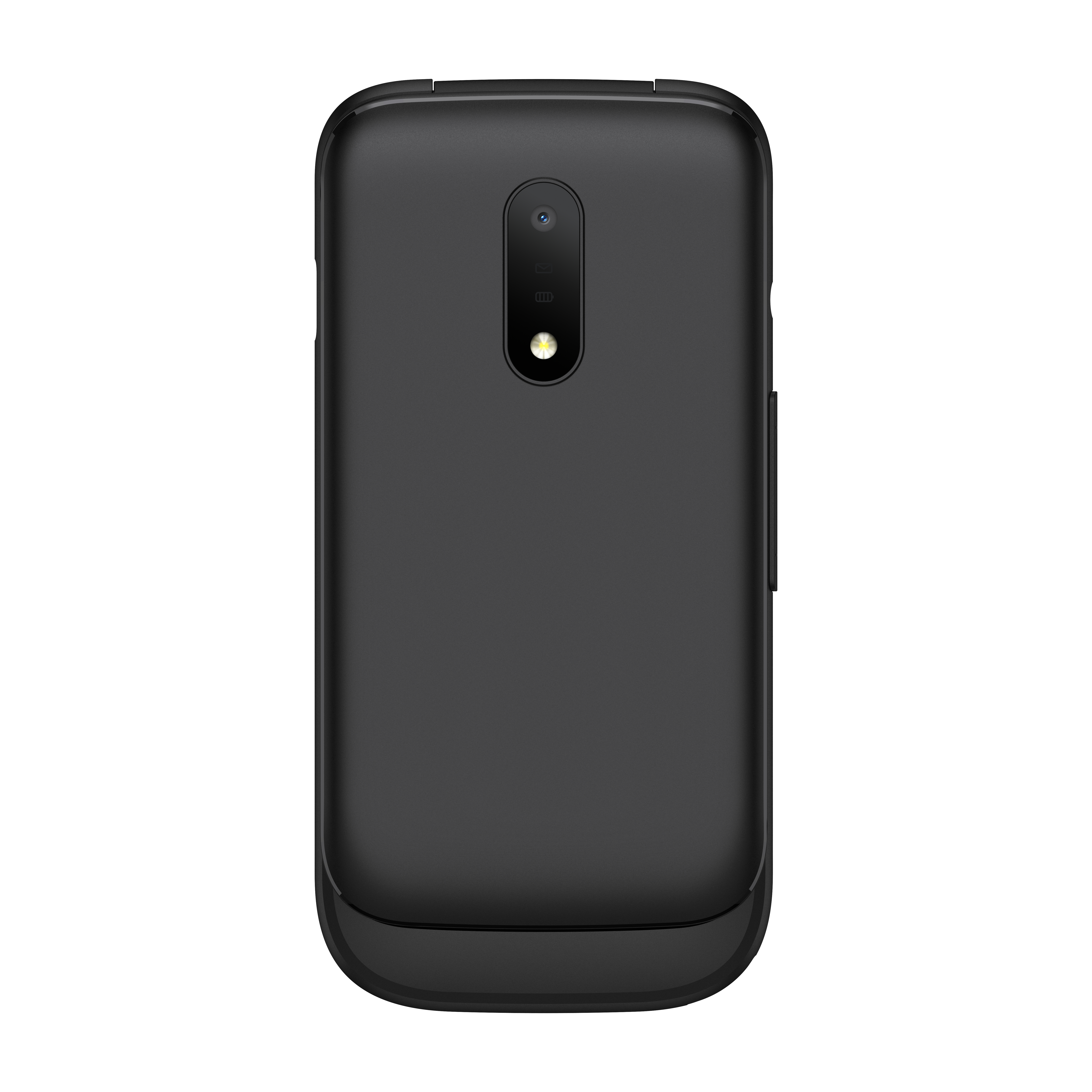Vista posteriore di uno smartphone nero con fotocamera. Il telefono è centrato su sfondo bianco.