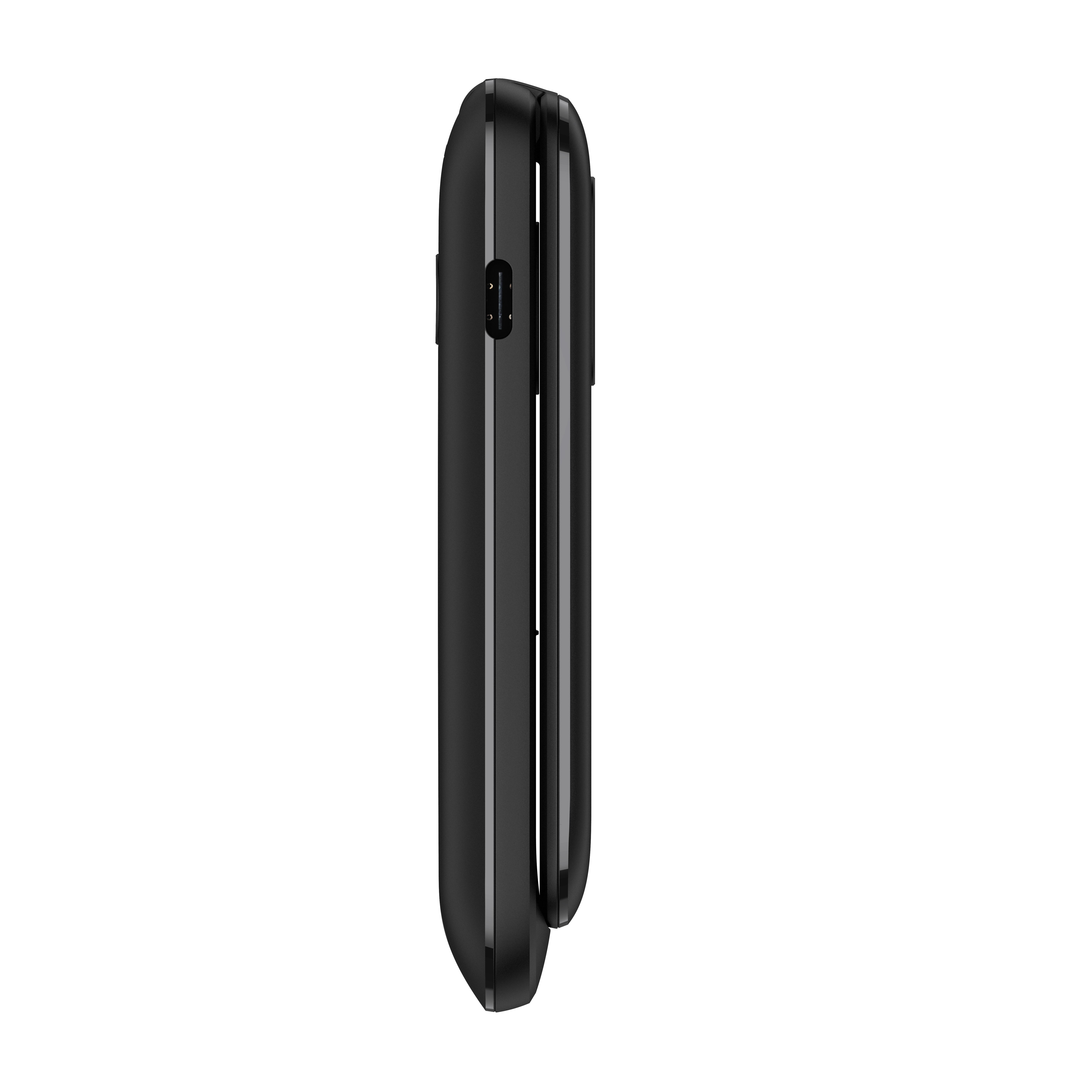 Vista laterale di un telefono a conchiglia nero, parzialmente aperto, su sfondo bianco.