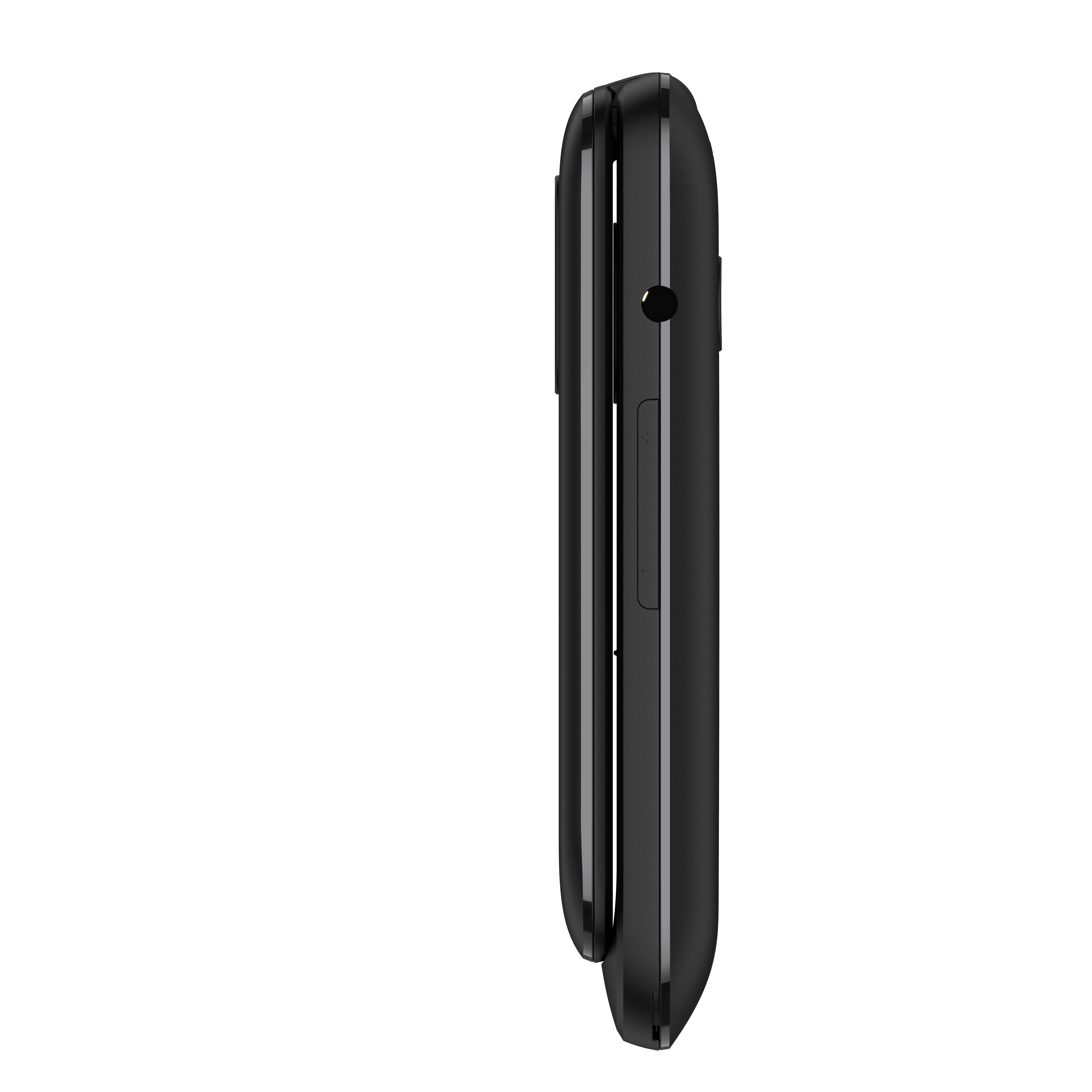 Vista laterale di un telefono cellulare nero su sfondo bianco.