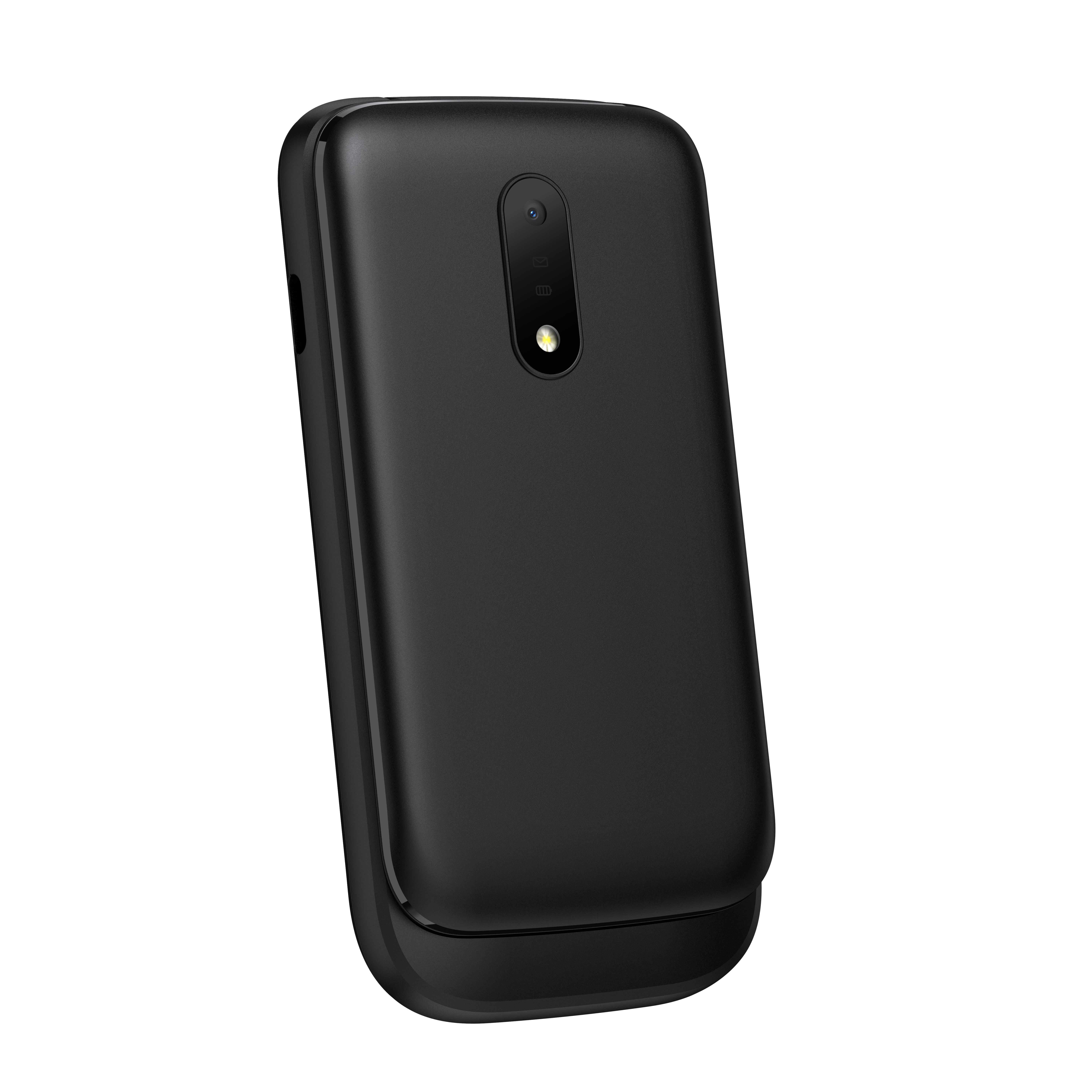 Un telefono a conchiglia nero chiuso è angolato su uno sfondo bianco. Ha una fotocamera e uno schermo.
