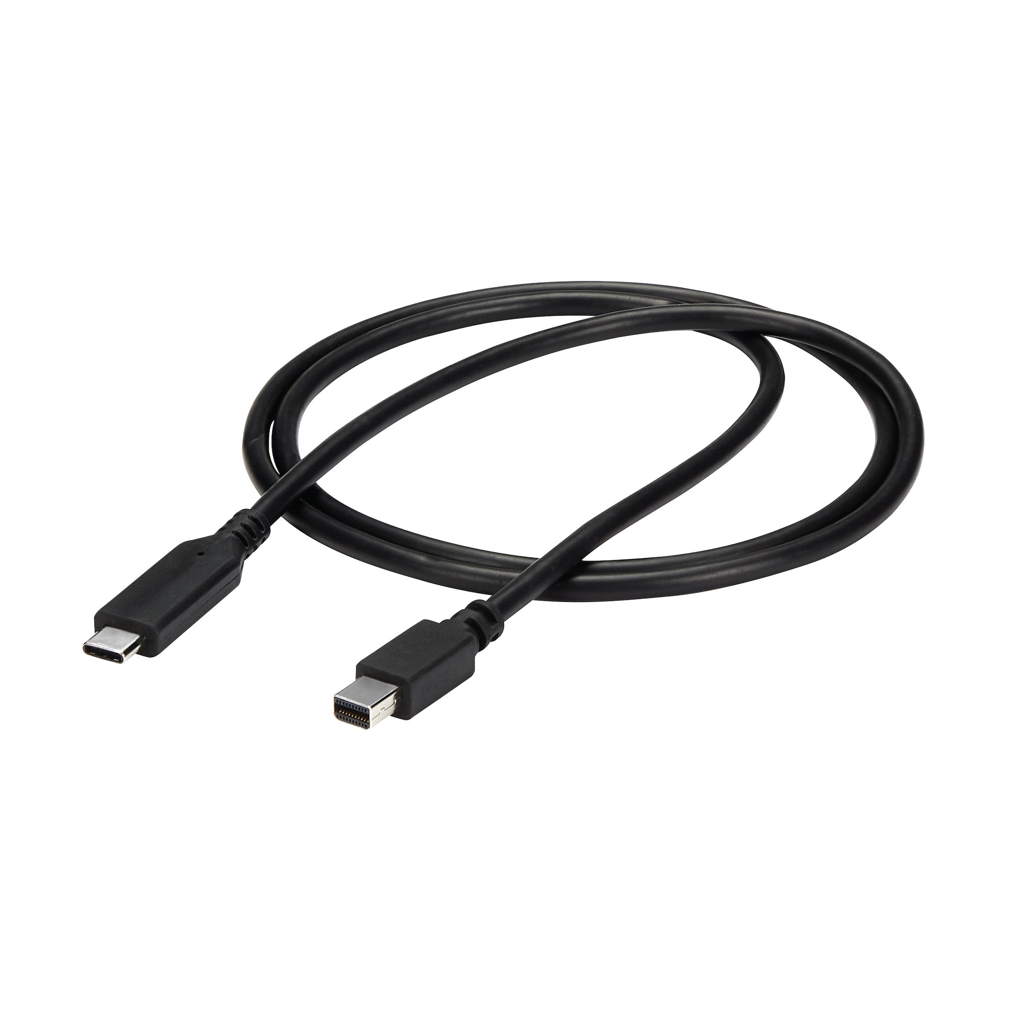 Un cable negro con dos conectores diferentes, uno USB-C y otro Mini DisplayPort, sobre un fondo blanco.