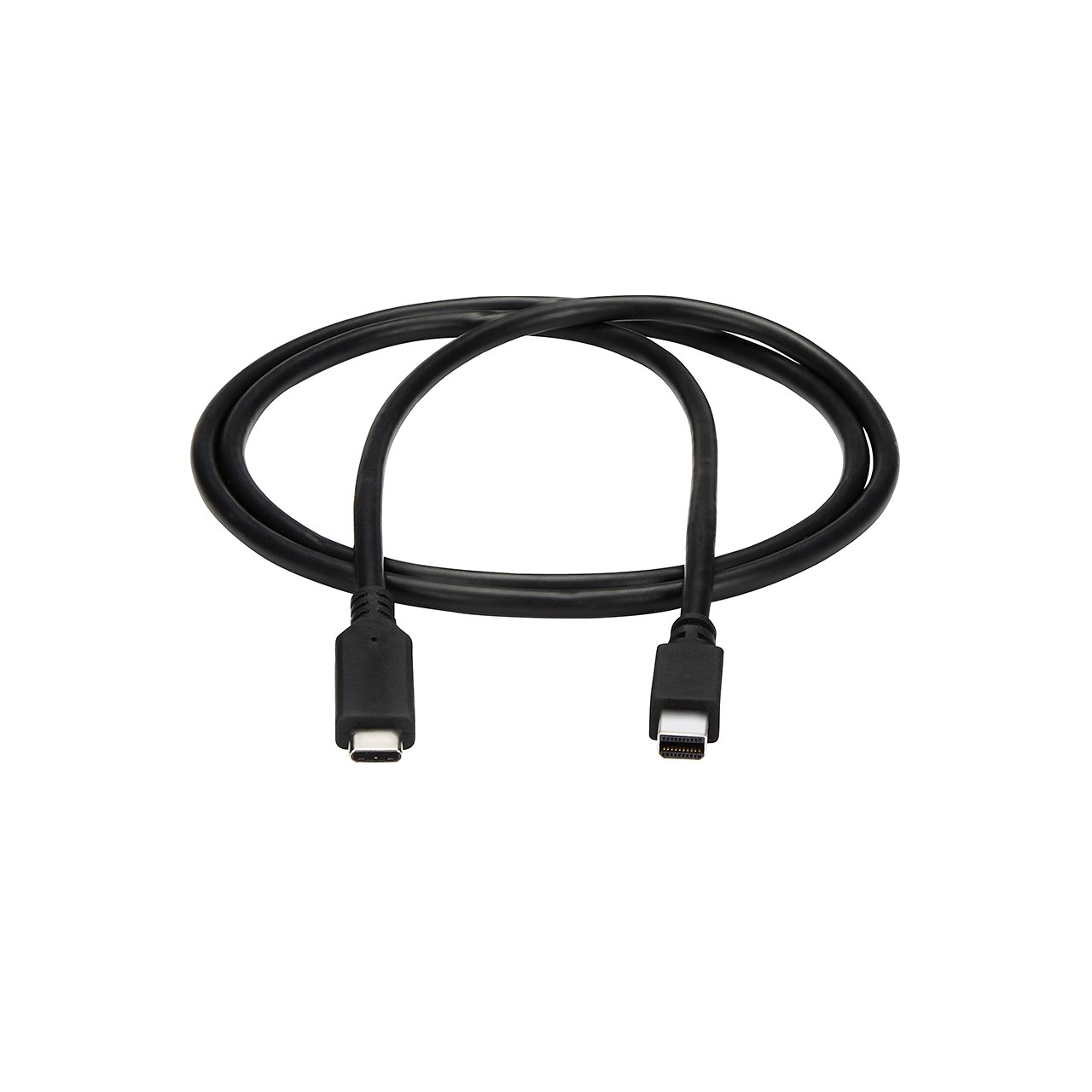 Un cable negro con dos conectores diferentes, uno USB-C y otro HDMI, sobre un fondo blanco.