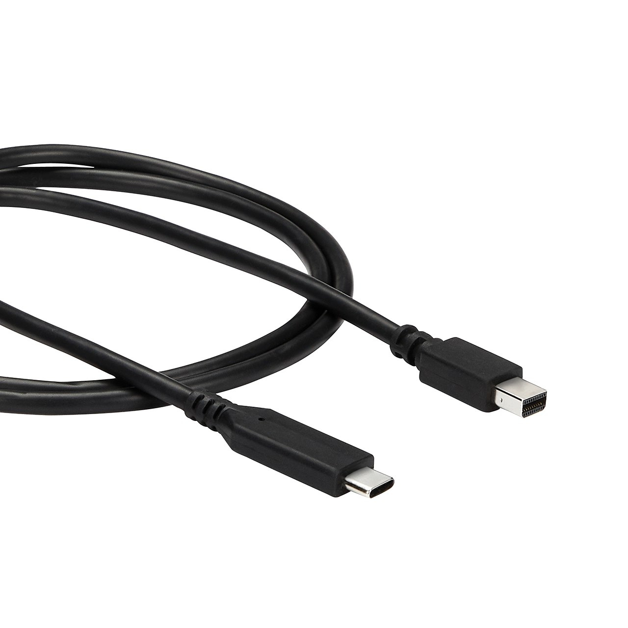 Cable negro USB-C a Mini DisplayPort sobre fondo blanco. Conectores en cada extremo, curvas del cable.