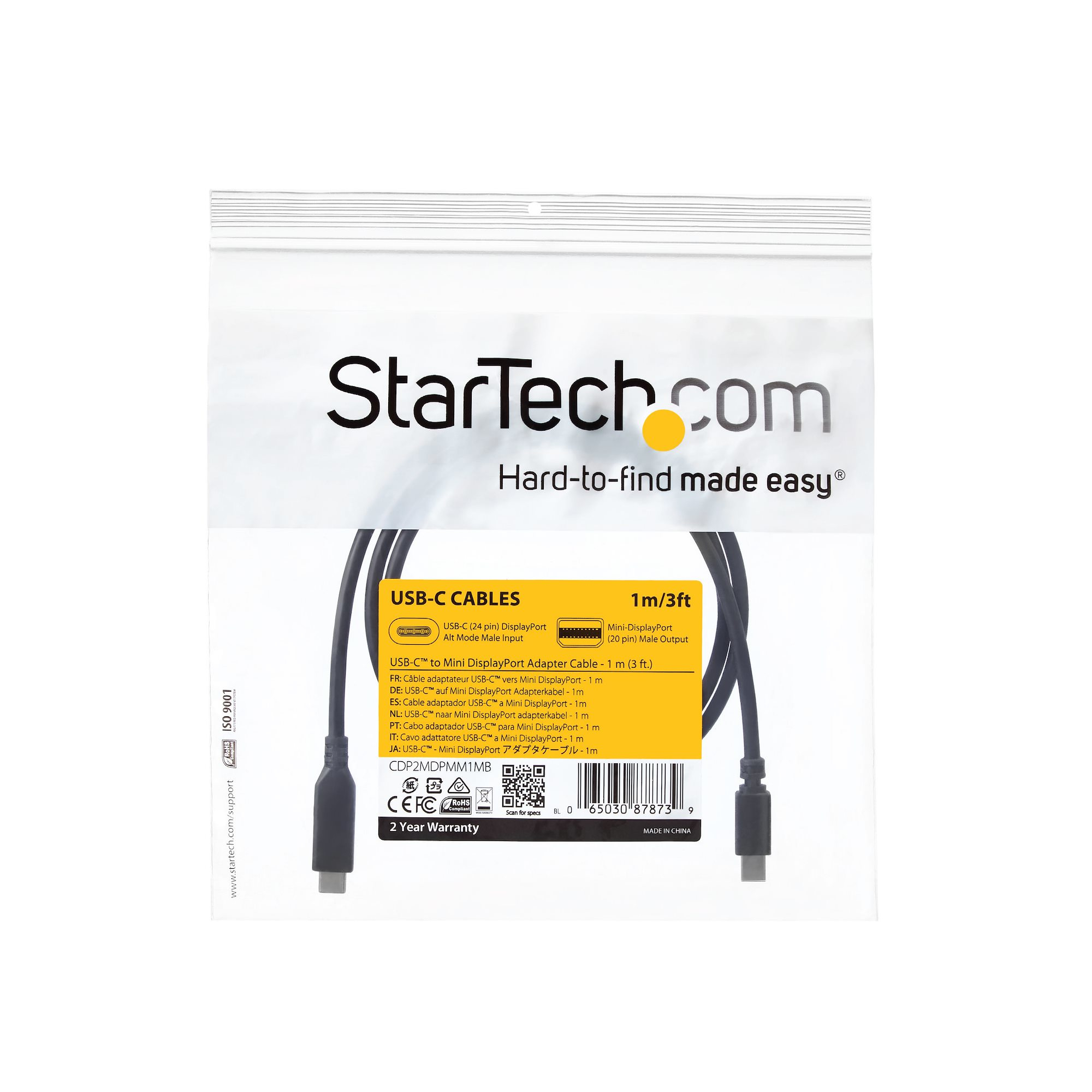 Un cable adaptador USB-C a Mini DisplayPort de StarTech.com en un paquete. El cable es negro.