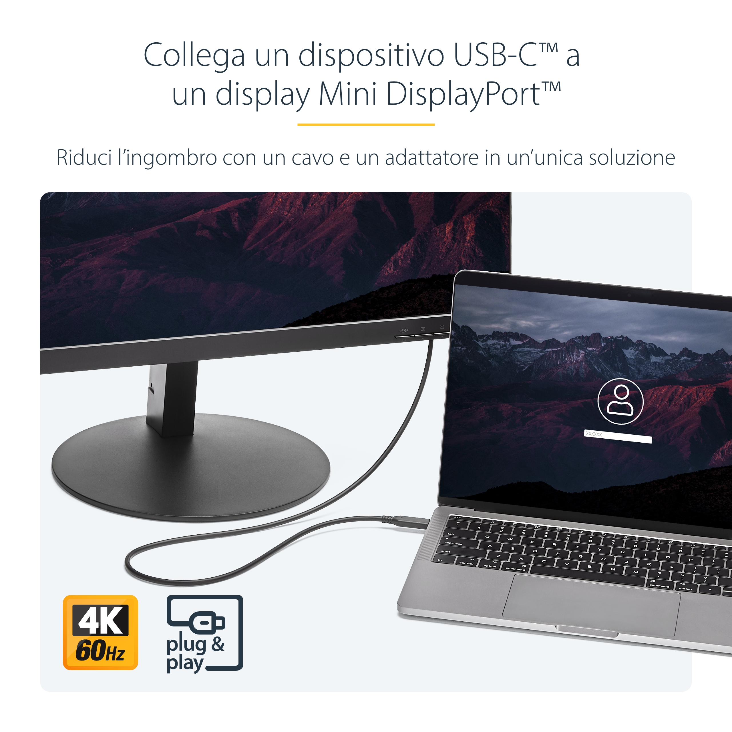 Portátil conectado a un monitor con cable USB-C. El monitor muestra un paisaje montañoso. 4K 60Hz plug and play.