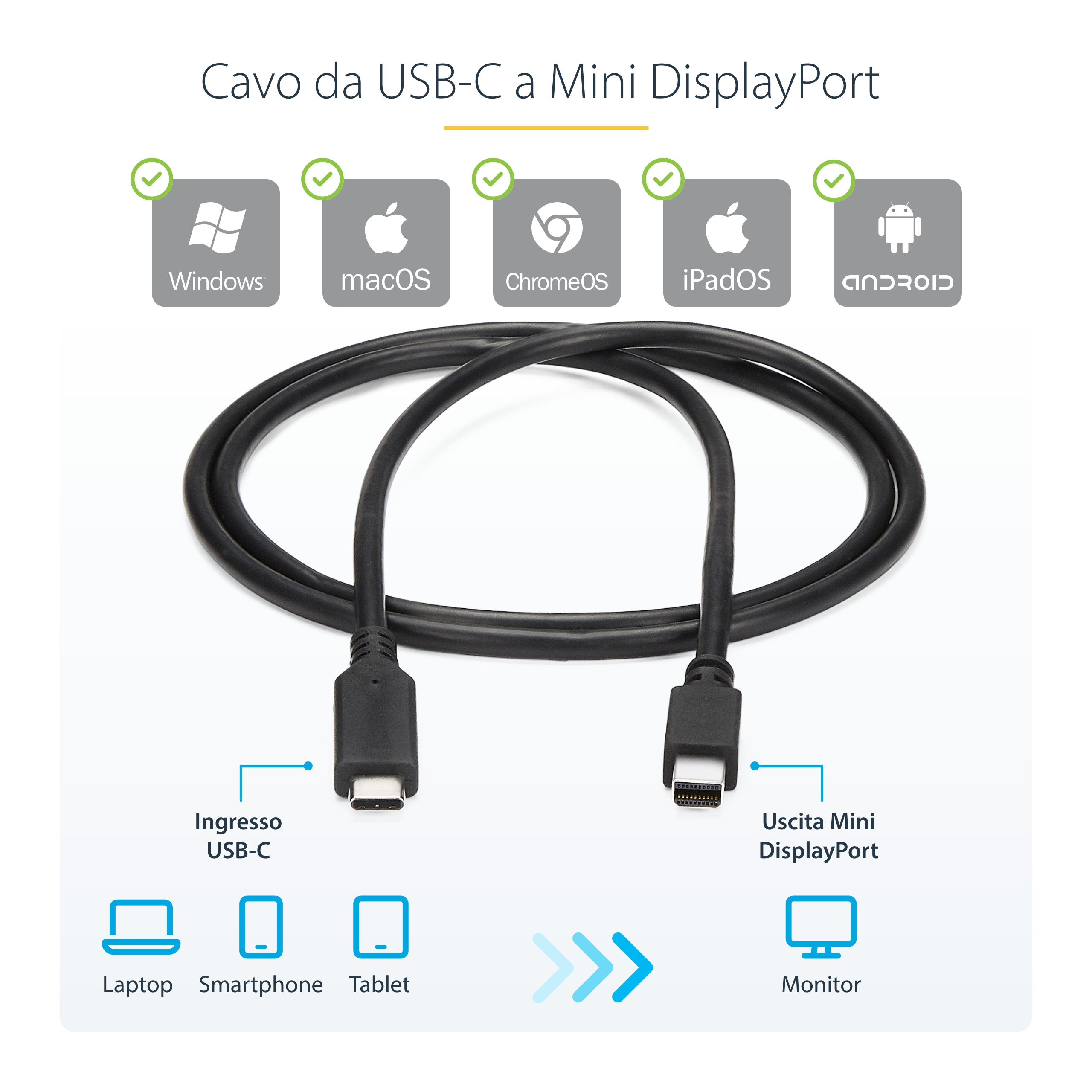 Un cable negro USB-C a Mini DisplayPort. Iconos de Windows, macOS, ChromeOS, iPadOS y Android.