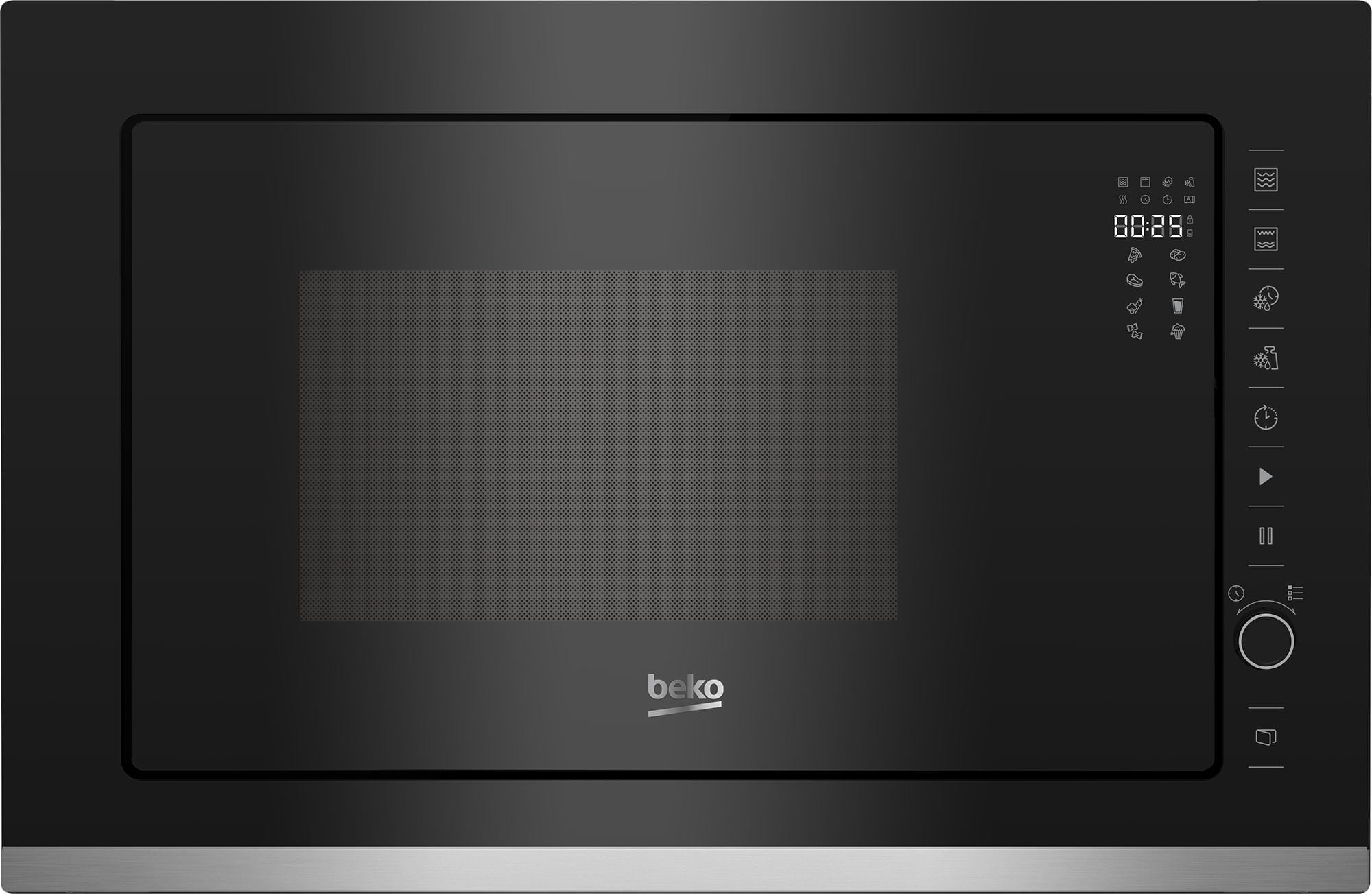 Un horno microondas Beko negro. Tiene una pantalla digital que muestra la hora y varias opciones de cocción. Panel de control a la derecha.