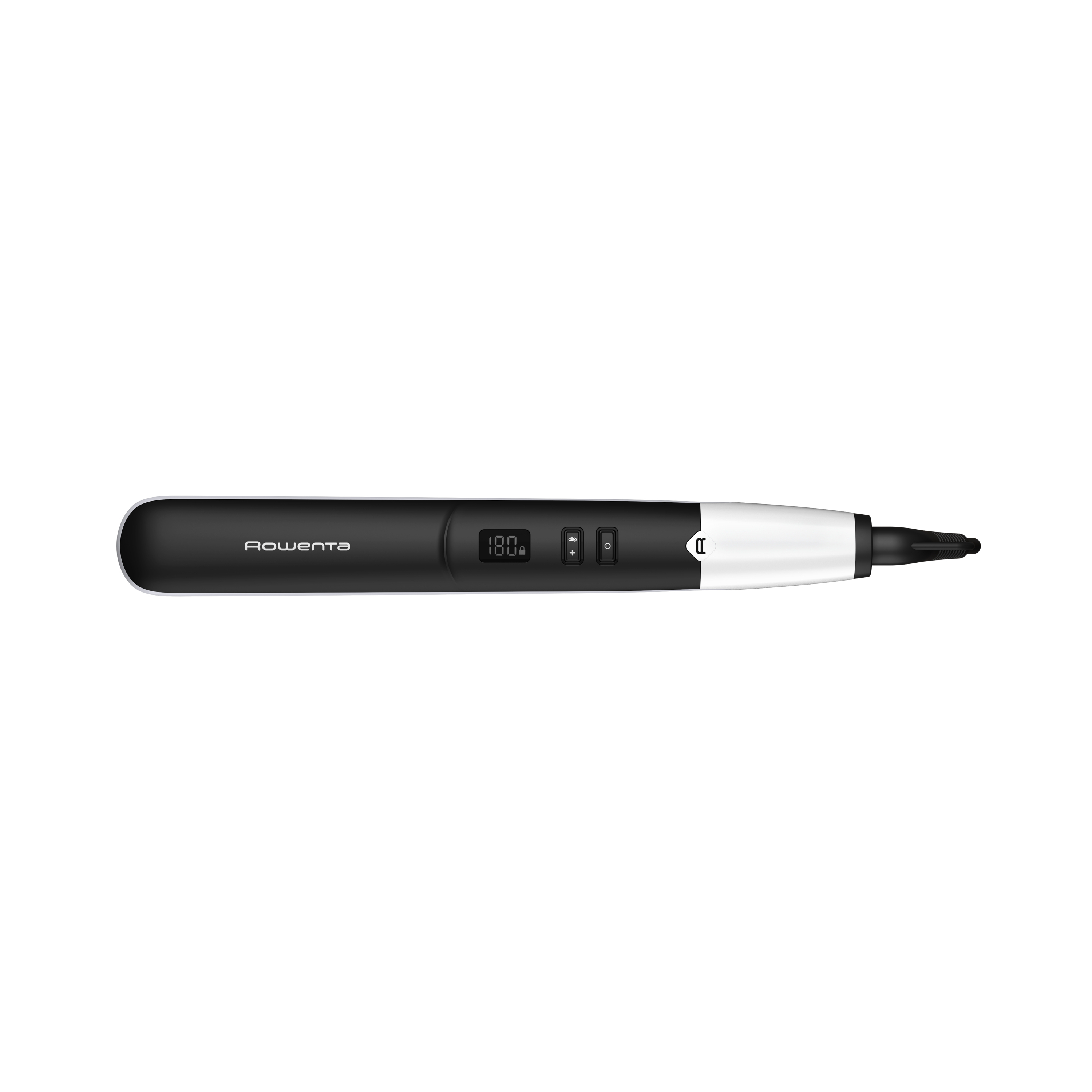 Ein schwarz-weißes Rowenta Haarstyling-Tool. Es hat eine Digitalanzeige und Tasten. Der Hintergrund ist weiß.