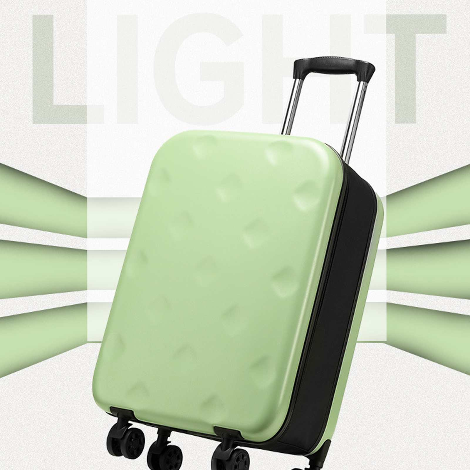 Ein grüner Koffer mit schwarzen Akzenten und Rädern steht vor einem hellgrünen und weißen Hintergrund. Das Wort LIGHT steht oben.