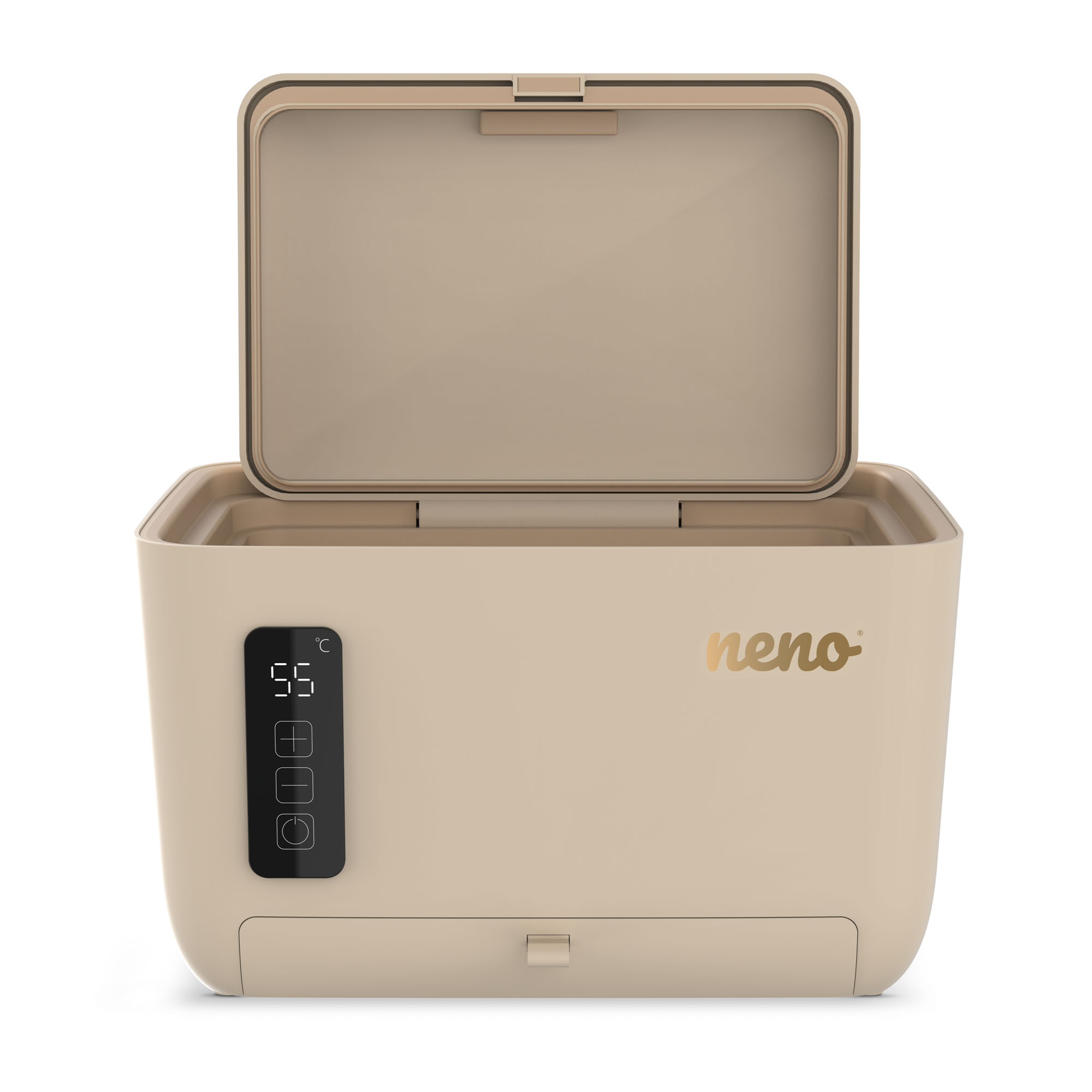 Calentador de biberones beige con tapa abierta. Tiene una pantalla digital que muestra la temperatura y botones. Logotipo dorado 'neno'.
