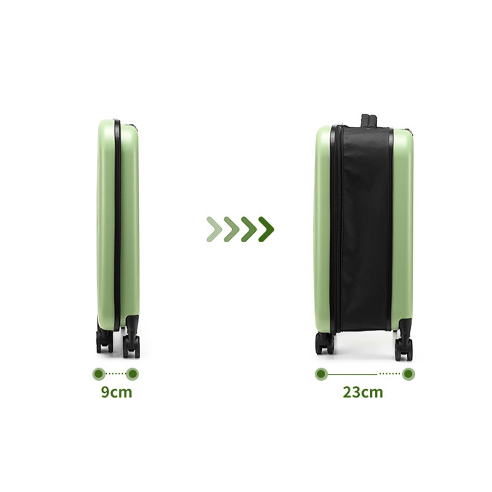Zwei grüne Koffer nebeneinander. Einer ist dünn und 9 cm, der andere dicker und 23 cm. Pfeile zeigen die Erweiterung.