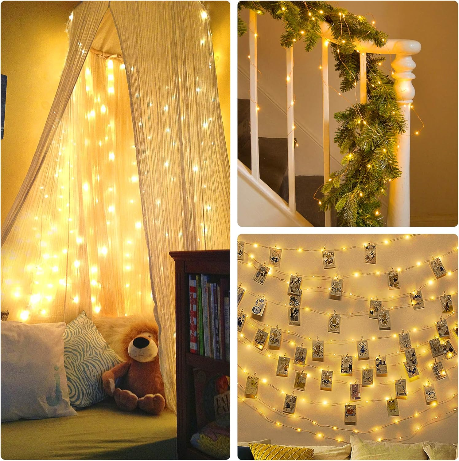 Drei Bilder: Lichterketten, Girlande auf Treppen und Fotos, die an Lichtern befestigt sind. Enthält ein Himmelbett und ein Löwenplüsch.