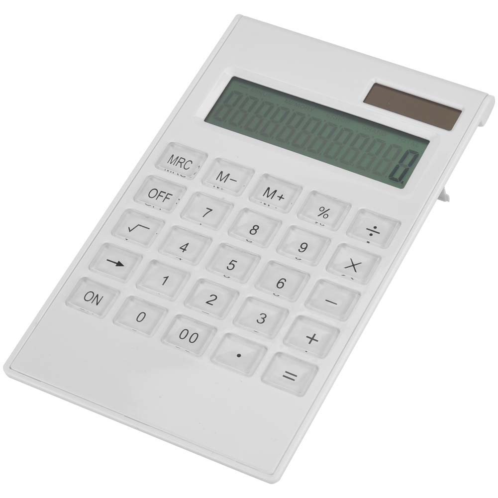 Ein weißer Taschenrechner mit transparenten Tasten, einem grünen Display und einem braunen Solarpanel. Tasten sind Zahlen und mathematische Symbole.