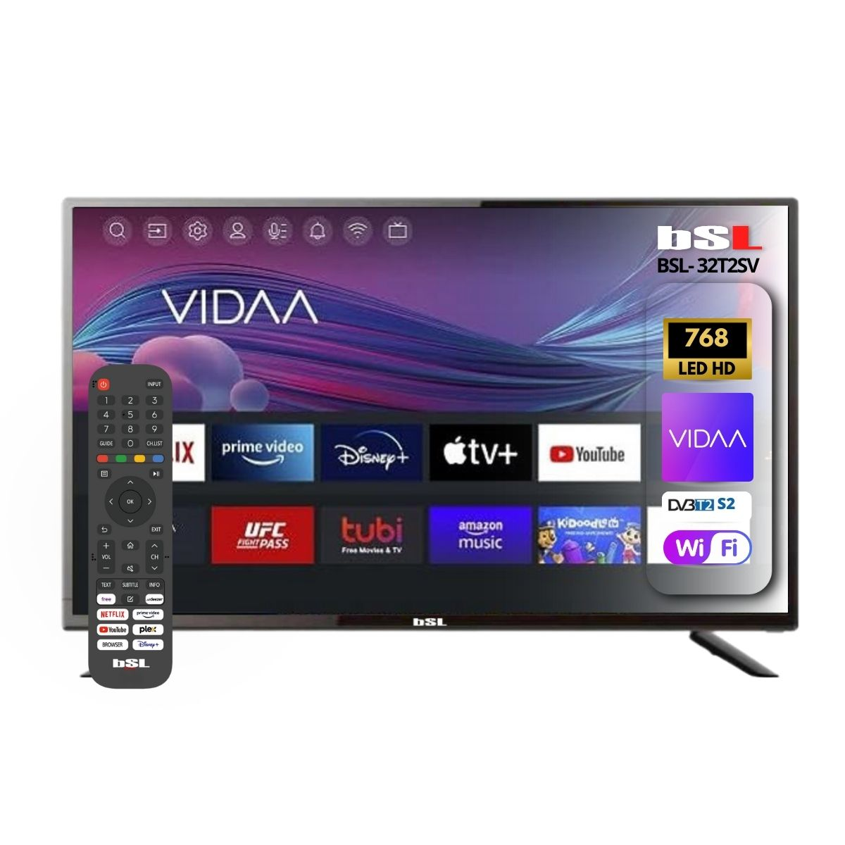 Un televisor de pantalla plana con mando a distancia. La pantalla muestra aplicaciones como Netflix, YouTube y Disney+. El televisor es BSL.