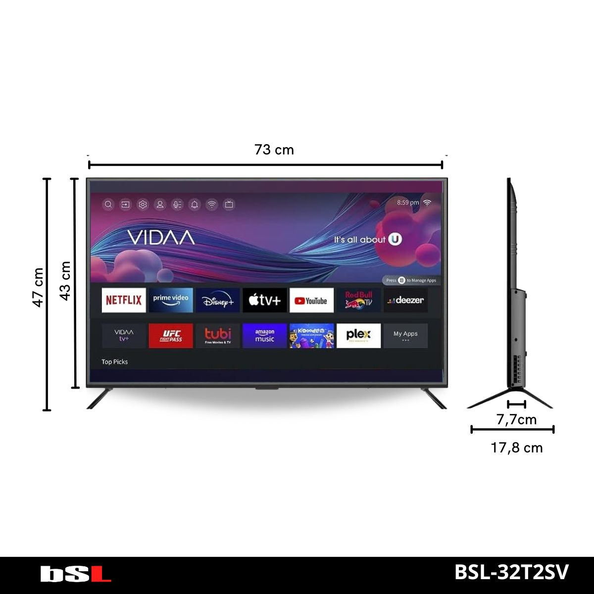Un televisor de pantalla plana muestra aplicaciones como Netflix, YouTube y Disney+. Las dimensiones están etiquetadas. La marca es Vidaa.