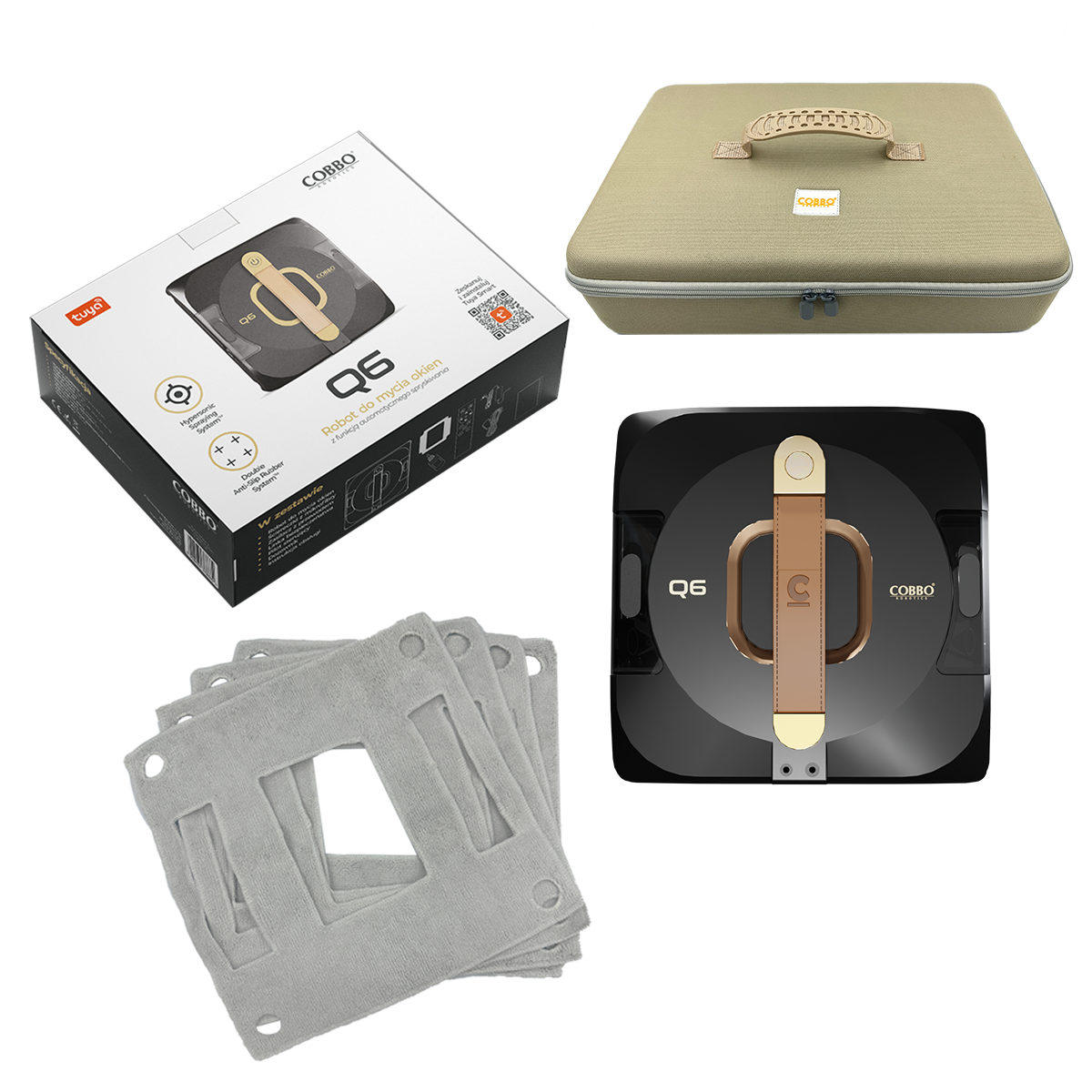 Obraz przedstawia robota do mycia okien, jego pudełko, torbę transportową i pady czyszczące. Wszystkie przedmioty są oznaczone marką 'COBBO'.