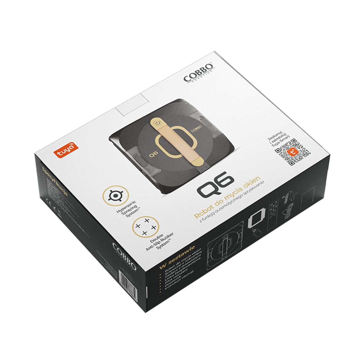 Pudełko robota do czyszczenia okien. Jest czarno-złoty. Pudełko ma tekst w języku polskim. Marka to Cobbo.