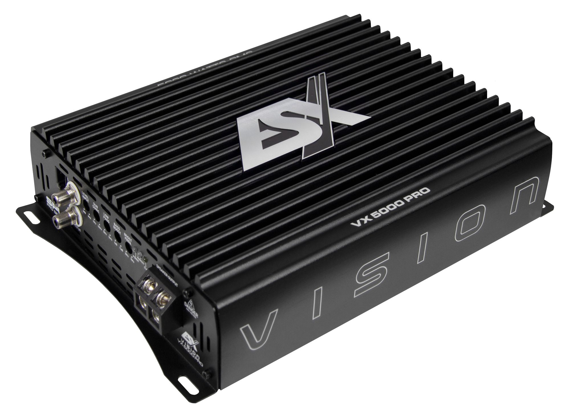 Schwarzer Auto-Verstärker mit silbernem Logo, 'VISION VX 5000 PRO' steht auf der Seite. Horizontale Rippen oben. Anschlüsse und Eingänge sichtbar.