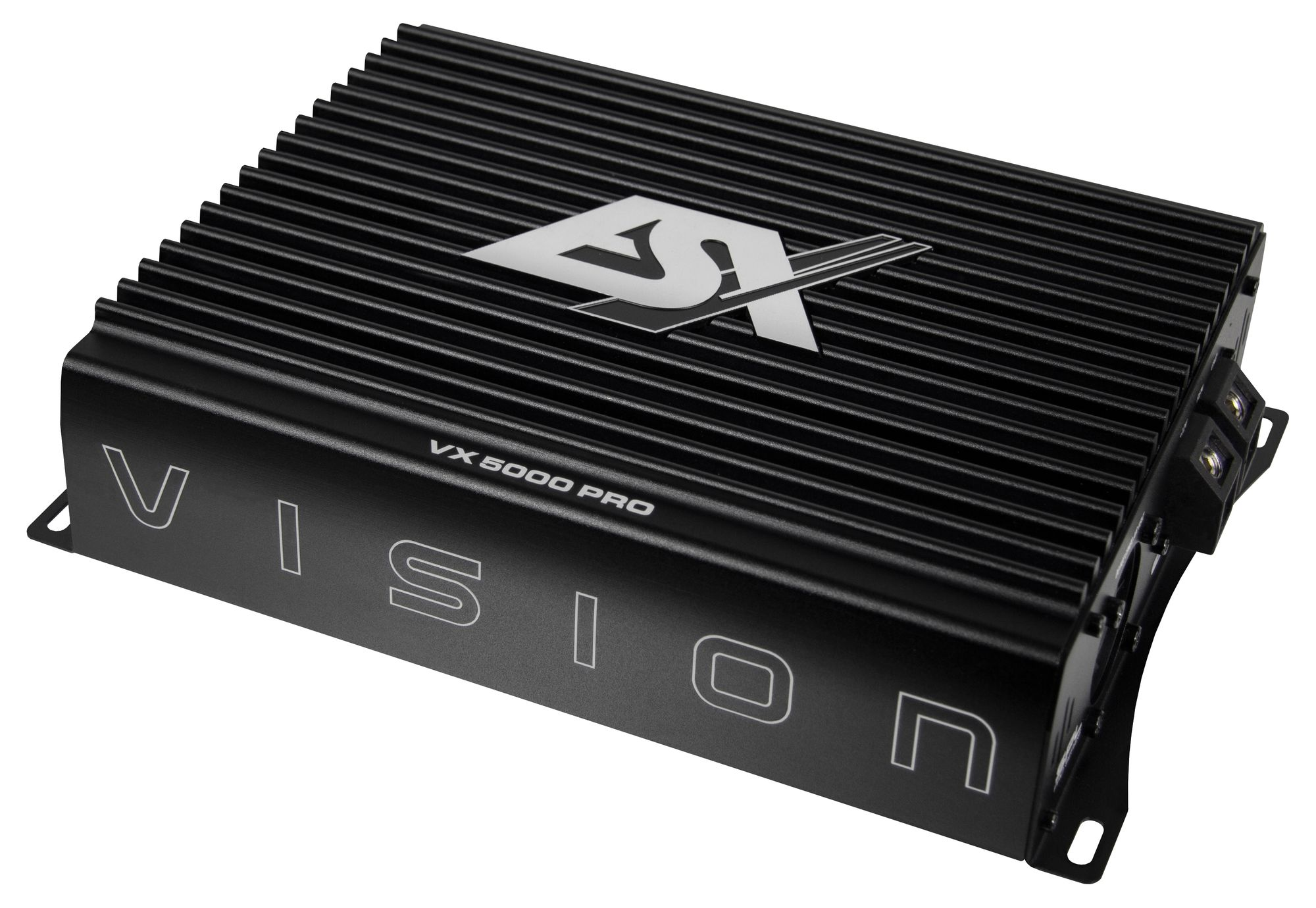 Schwarzer Verstärker mit silbernem Logo und Text 'VISION VX 5000 PRO'. Gerippte Oberseite. Ecke mit Löchern und Anschlüssen.