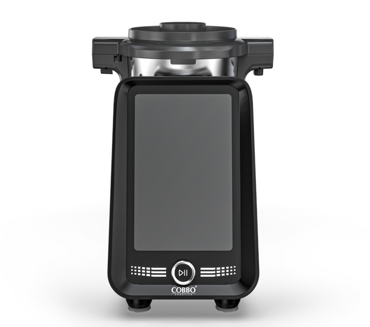 Czarne urządzenie kuchenne z ekranem i przyciskami. Marka to Cobbo Robotics. Tło jest białe.