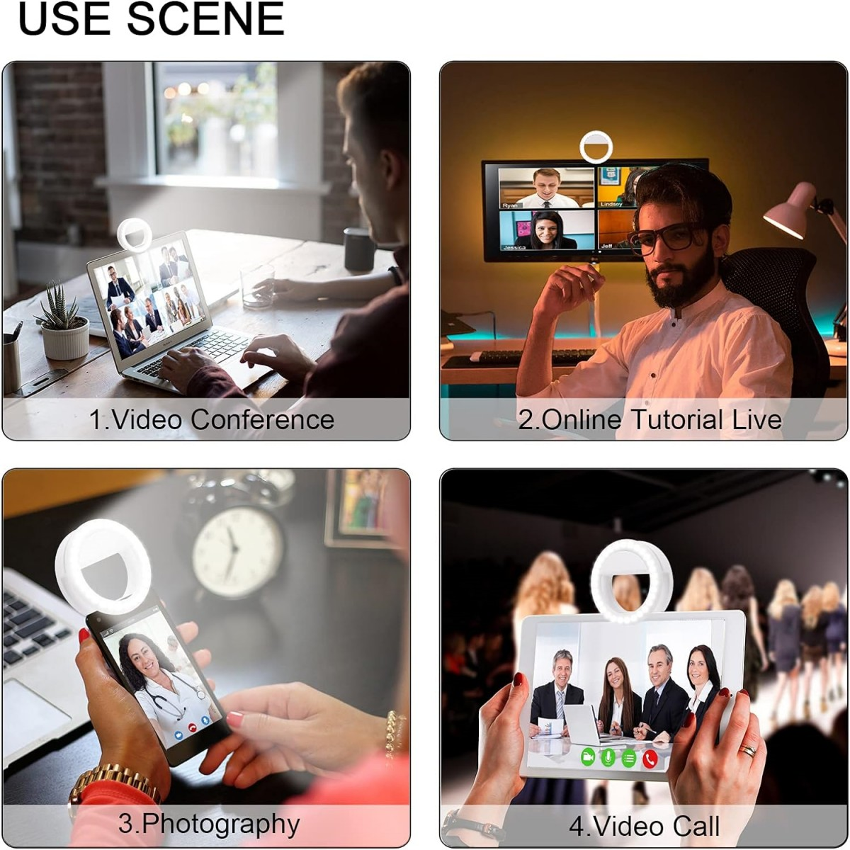Das Bild zeigt vier Szenarien: Videokonferenz, Online-Tutorial, Fotografie und Videoanruf, jeweils mit einem Ringlicht.