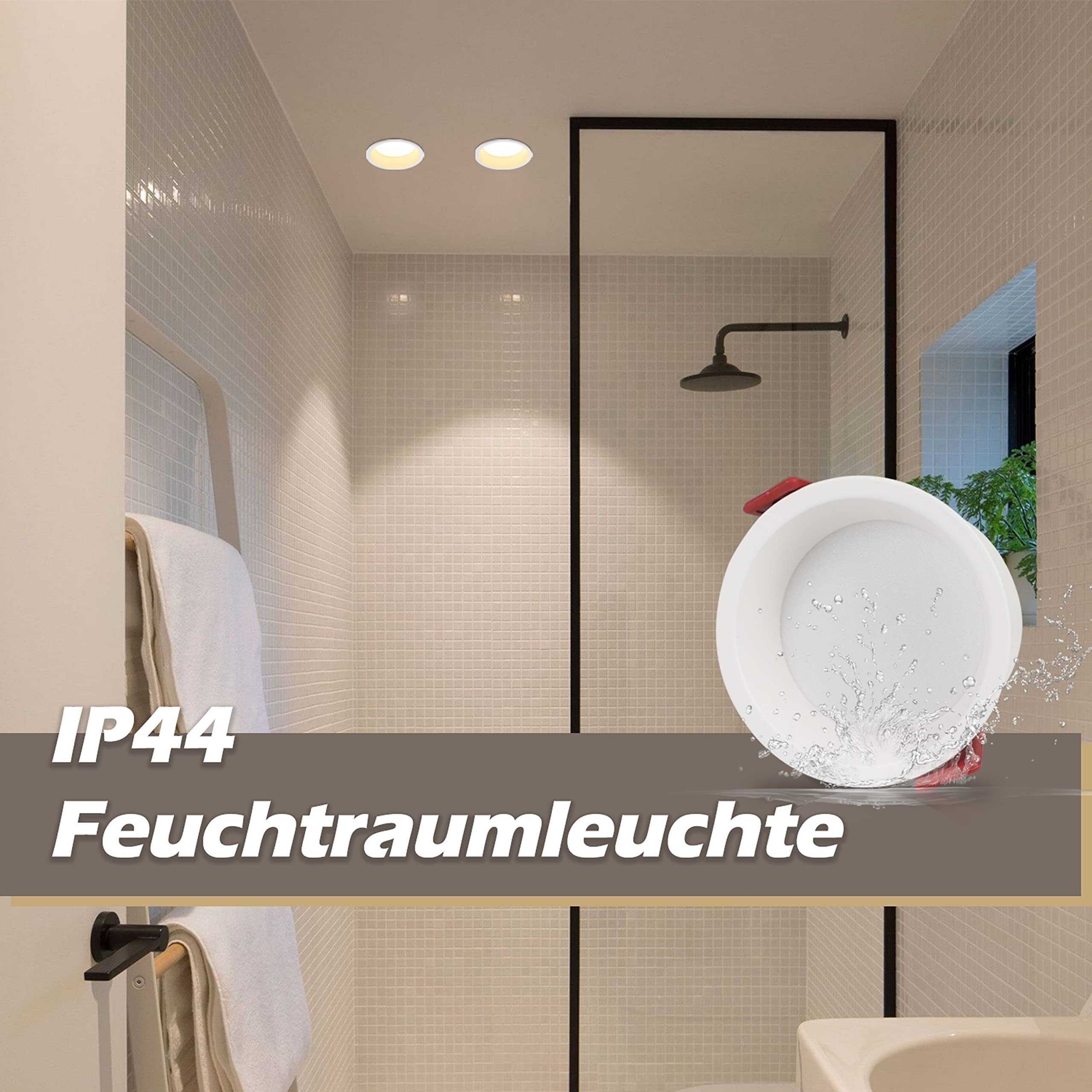 Badezimmer-Szene mit IP44-Text. Rechts ein weißes Licht mit Wasserspritzern. Zwei Lichter an der Decke.