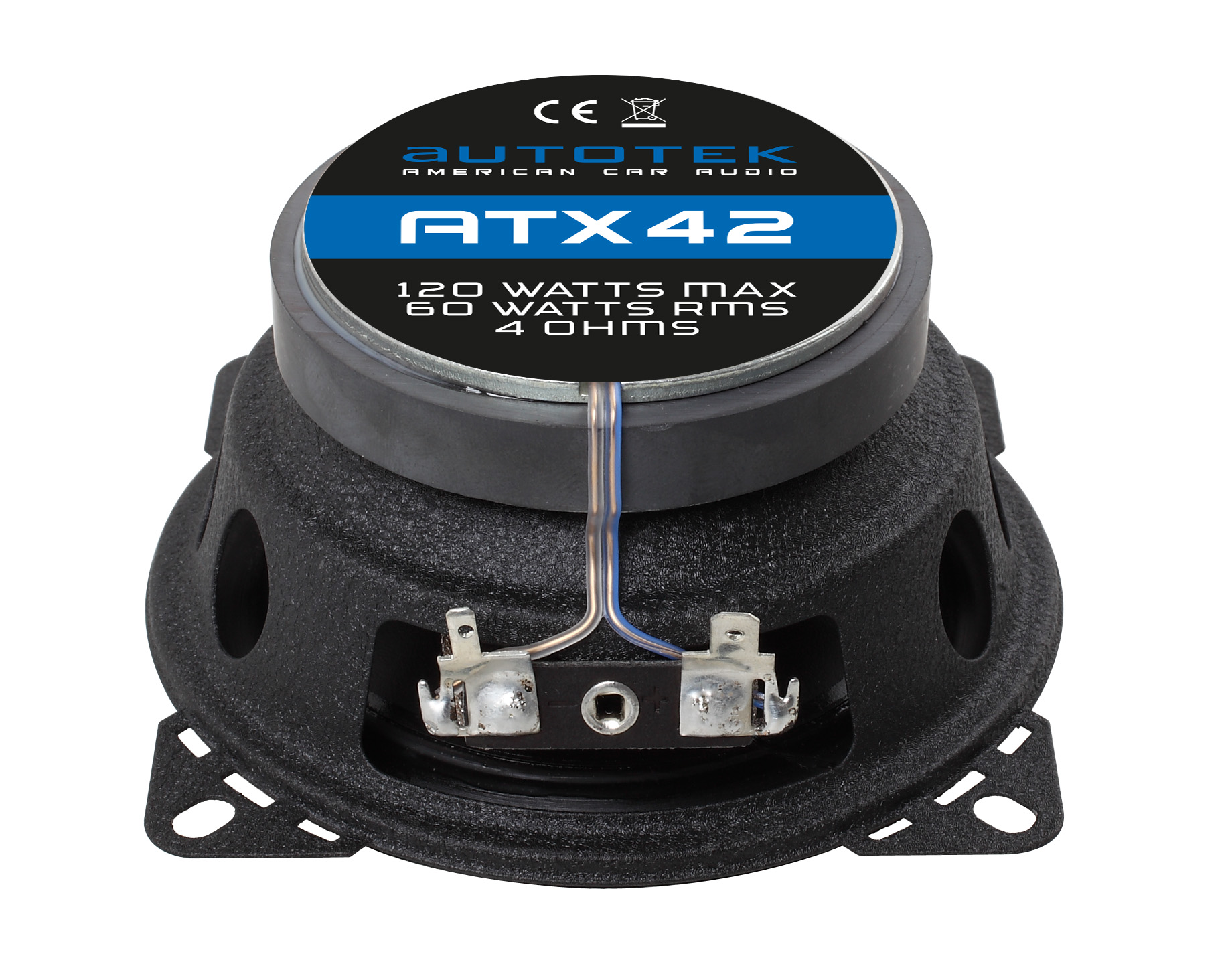 Ein schwarzer Lautsprecher mit rundem Oberteil mit der Aufschrift 'AUTOTEK ATX42' mit 120 Watt Max, 60 Watt RMS und 4 OHMS.