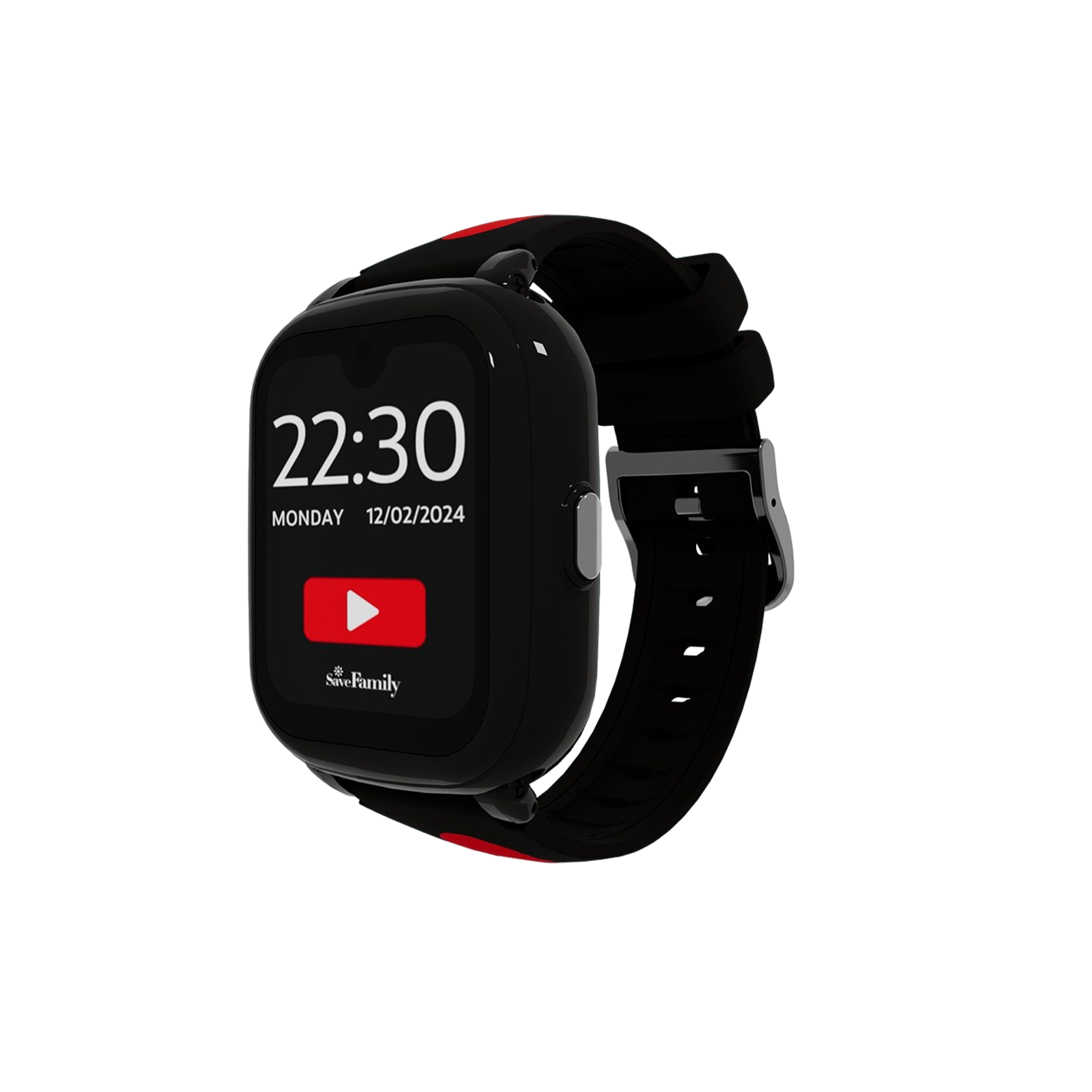 Schwarze Smartwatch mit digitaler Anzeige von Uhrzeit und Datum. Die Uhr hat ein schwarzes Armband und einen roten Akzent.