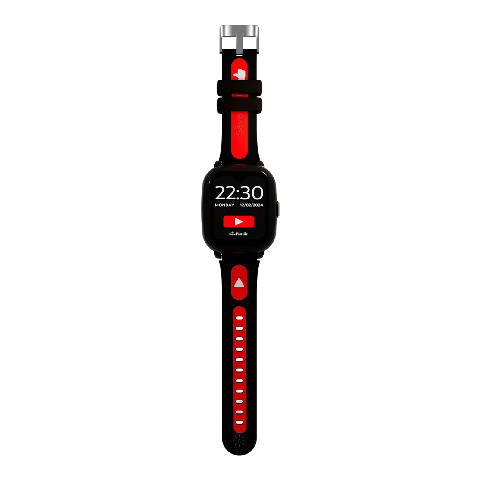 Schwarze Smartwatch mit roten Akzenten. Zeigt 22:30 an. Armband hat rote und schwarze Abschnitte. Schnalle ist silber.