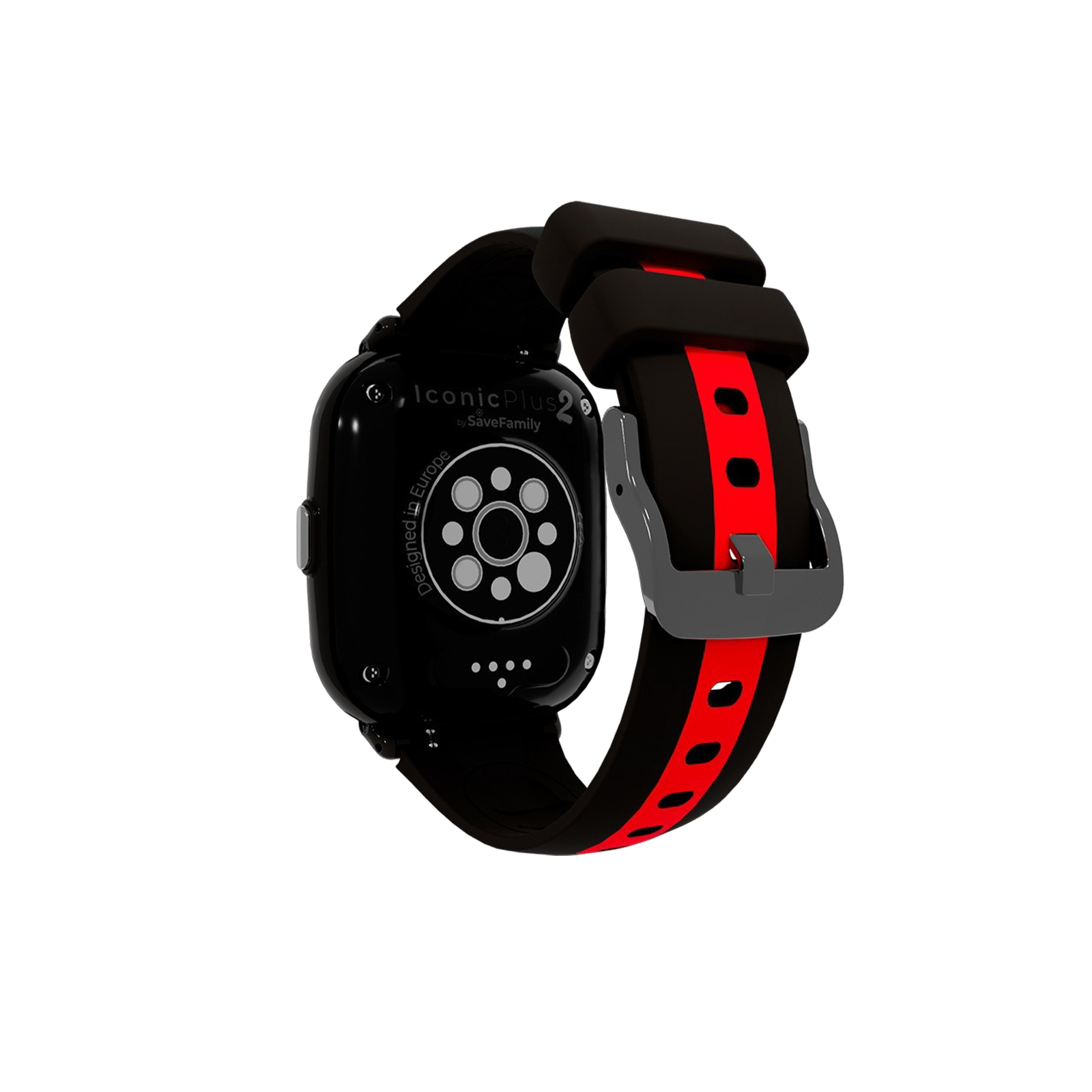 Schwarze Smartwatch mit rotem Streifenband. Auf der Rückseite der Uhr steht: IconicPlus2 by SaveFamily, designed in Europe.