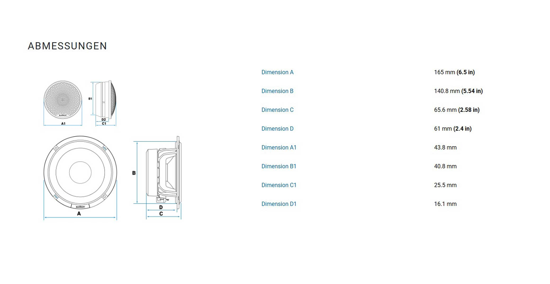 Diagramm mit Lautsprecherabmessungen in mm und Zoll. Enthält die Maße A, B, C, D, A1, B1, C1 und D1.