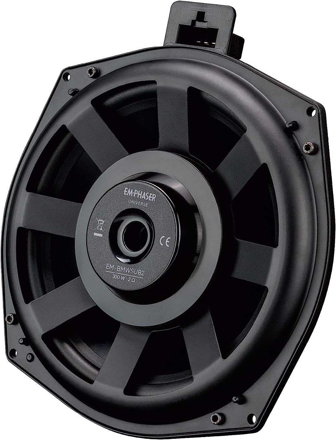 Schwarzer Auto-Subwoofer mit Kühlrippen und rundem Mittellautsprecher. Die Mitte hat EM-PHASER-Label.