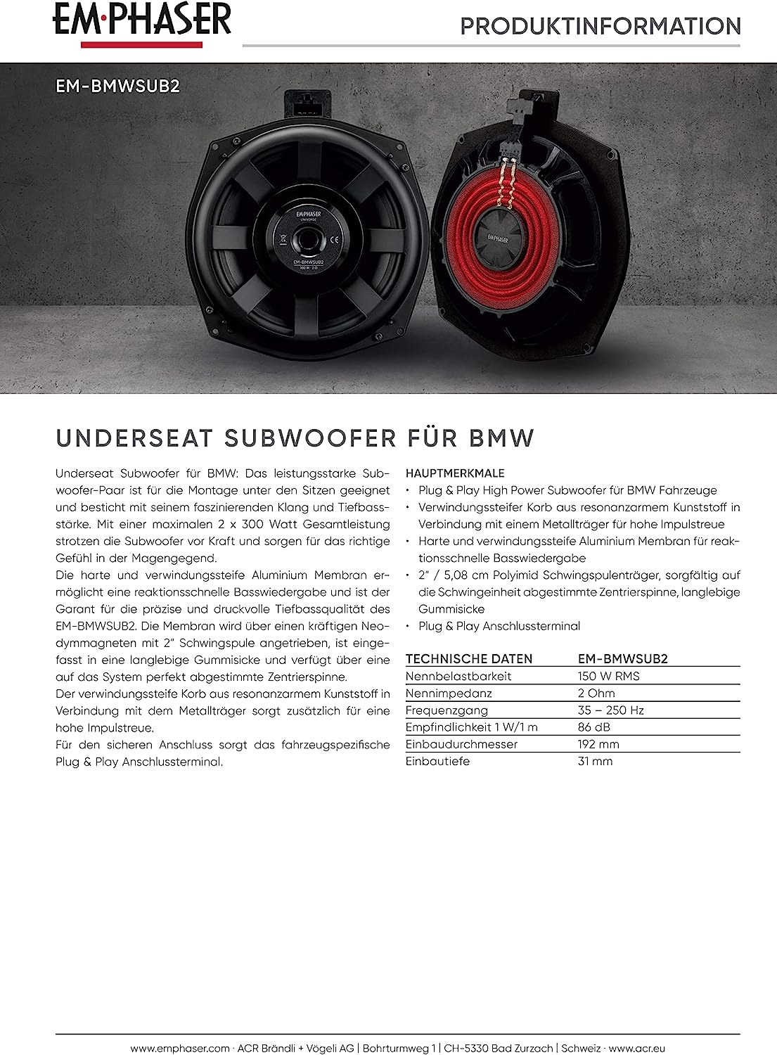 Bild zeigt zwei Auto-Subwoofer mit Produktinformationen. Text enthält technische Daten und Funktionen.