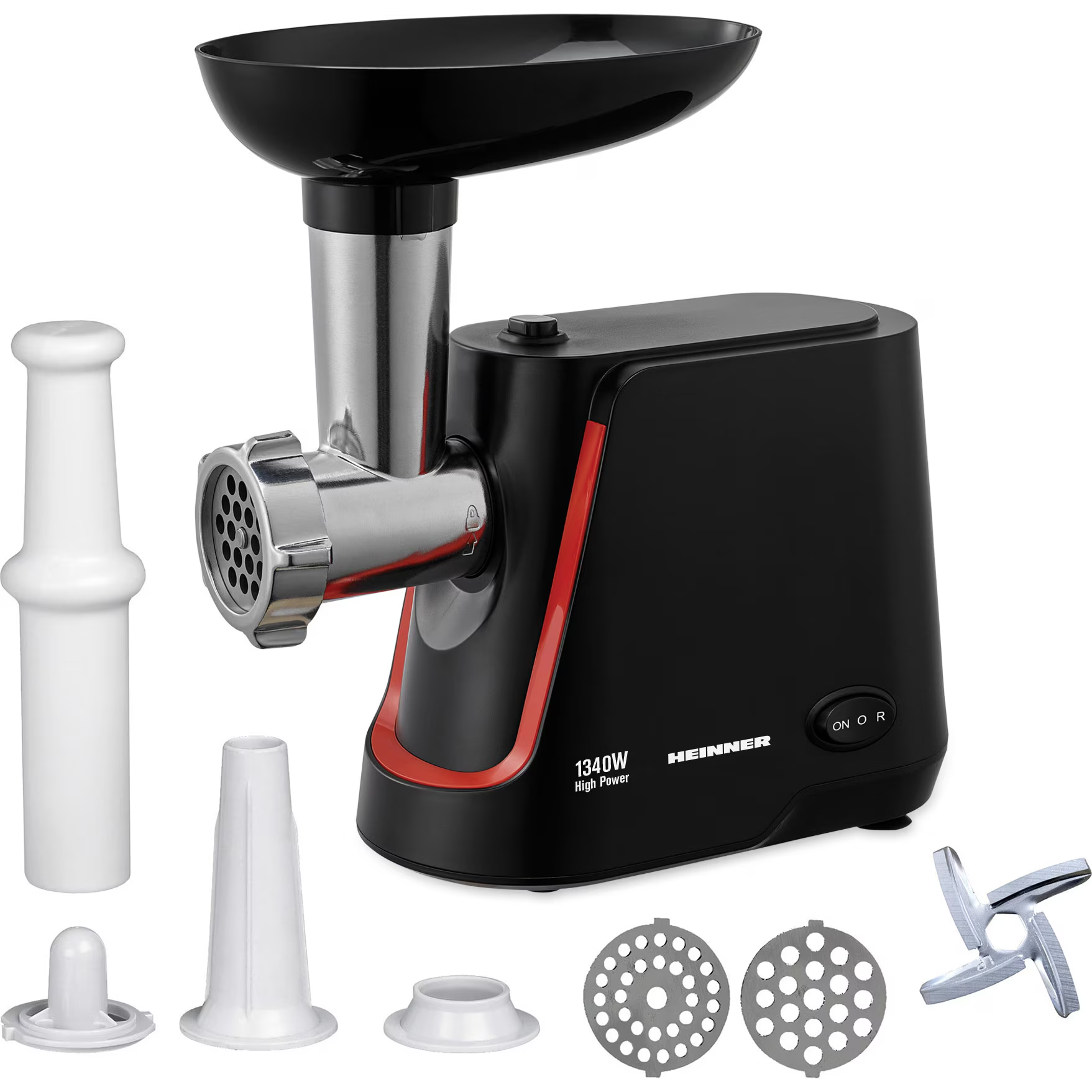 A black and silver meat grinder with accessories. Includes various white plastic parts and metal grinding plates.