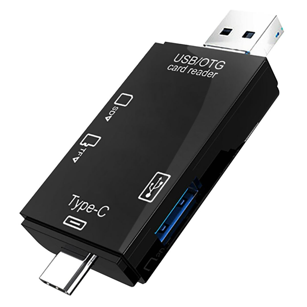 Ein schwarzer USB/OTG-Kartenleser mit USB-Anschluss, Typ-C-Anschluss und Steckplätzen für SD- und TF-Karten. Es hat weißen Text und Symbole.