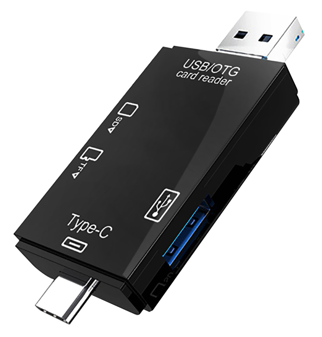 Ein schwarzes USB/OTG-Kartenlesegerät mit SD-, TF- und Typ-C-Anschlüssen. Es hat einen USB-Anschluss und blaue Kartensteckplätze.