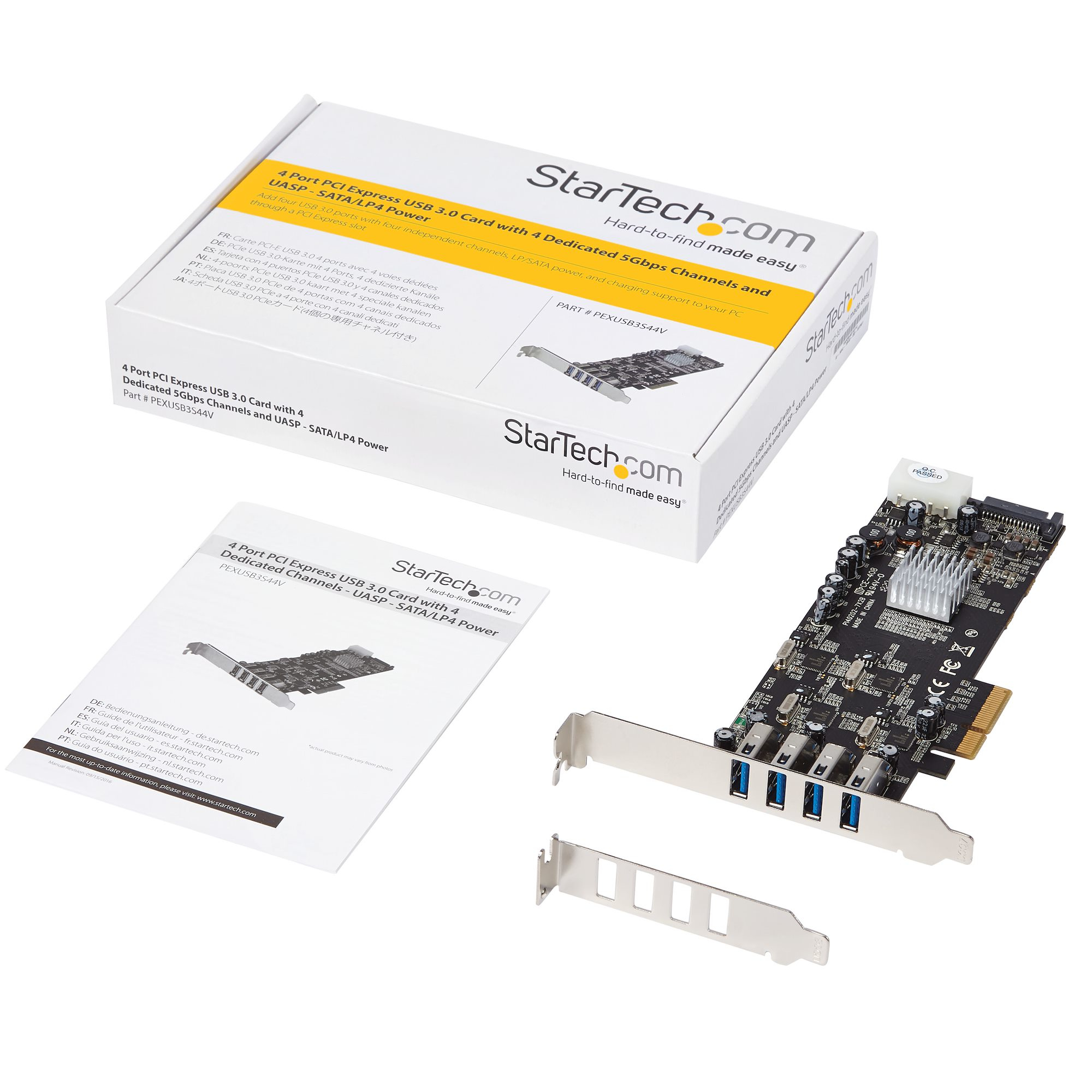 La imagen muestra una tarjeta StarTech USB 3.0 con su caja y manual sobre una superficie blanca. La tarjeta tiene puertos USB.