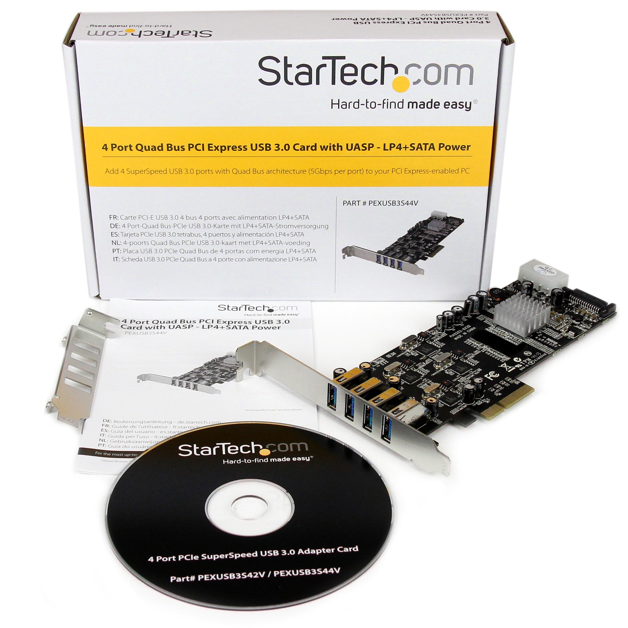 Una caja con el logotipo y la información del producto StarTech.com, una placa de circuito, un CD y un manual son visibles.