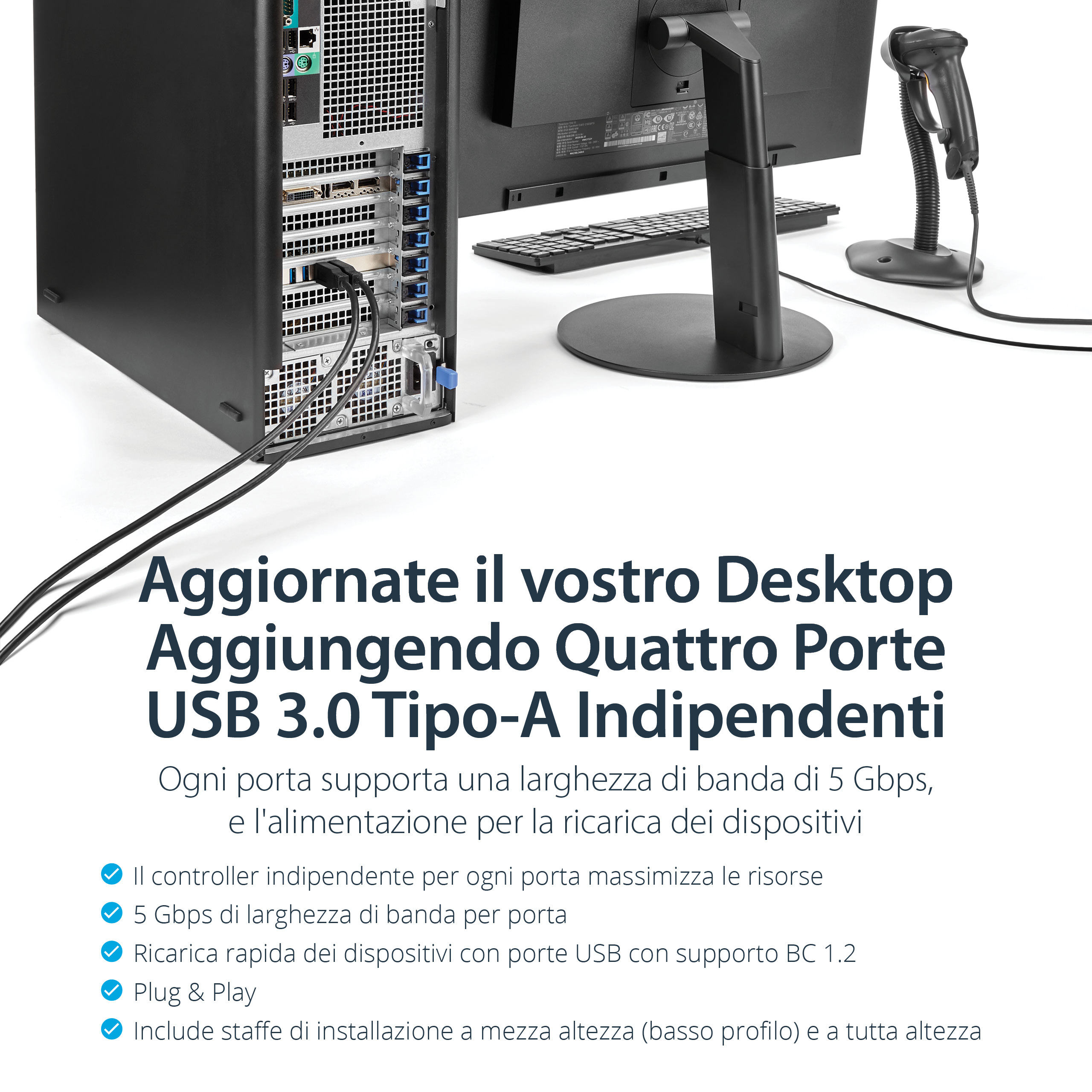 Una torre de ordenador con cables, un monitor, un teclado y un escáner de código de barras sobre fondo blanco.