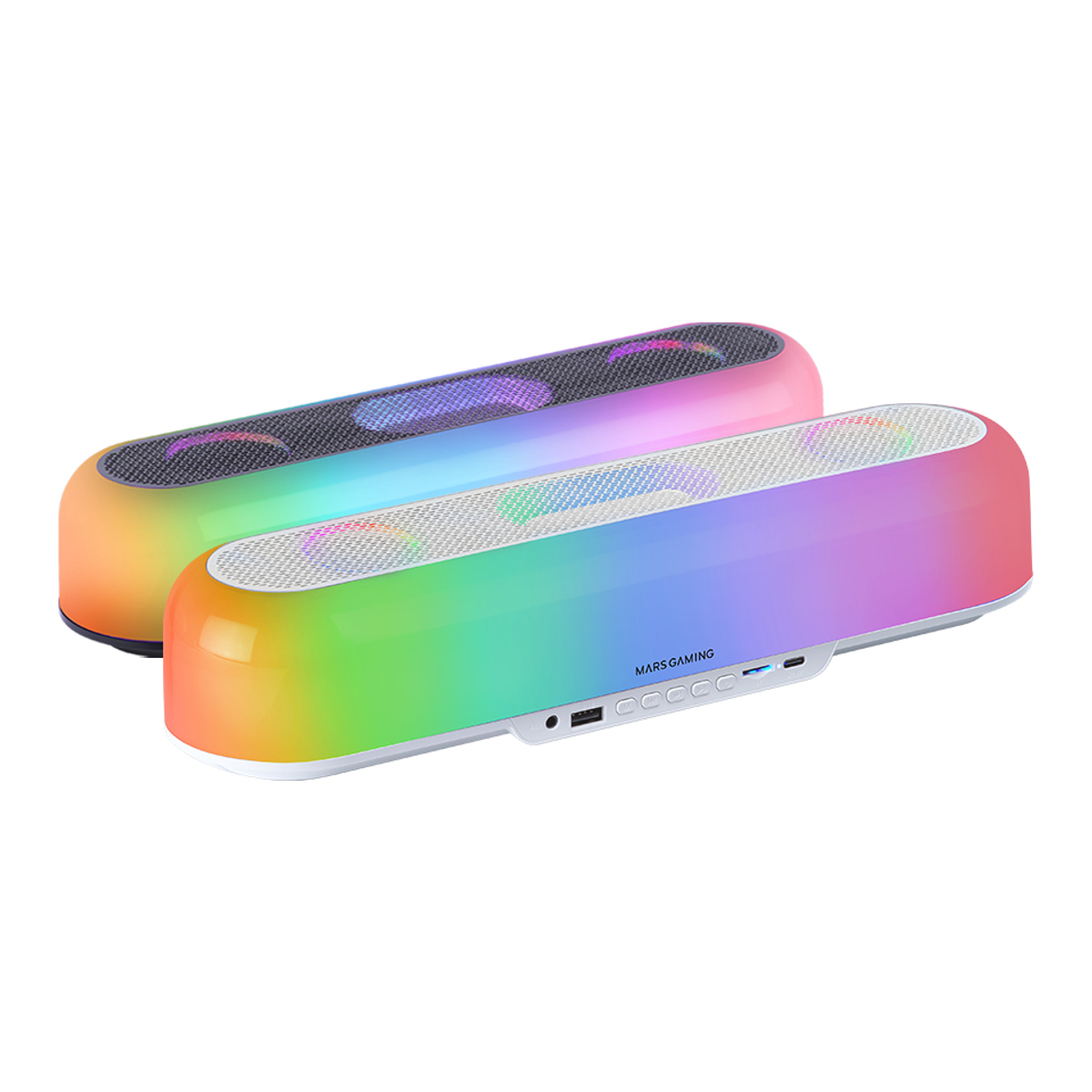 Dos altavoces coloridos con gradientes de arcoíris. Uno está encima del otro. El altavoz superior es rosa y el inferior es azul.