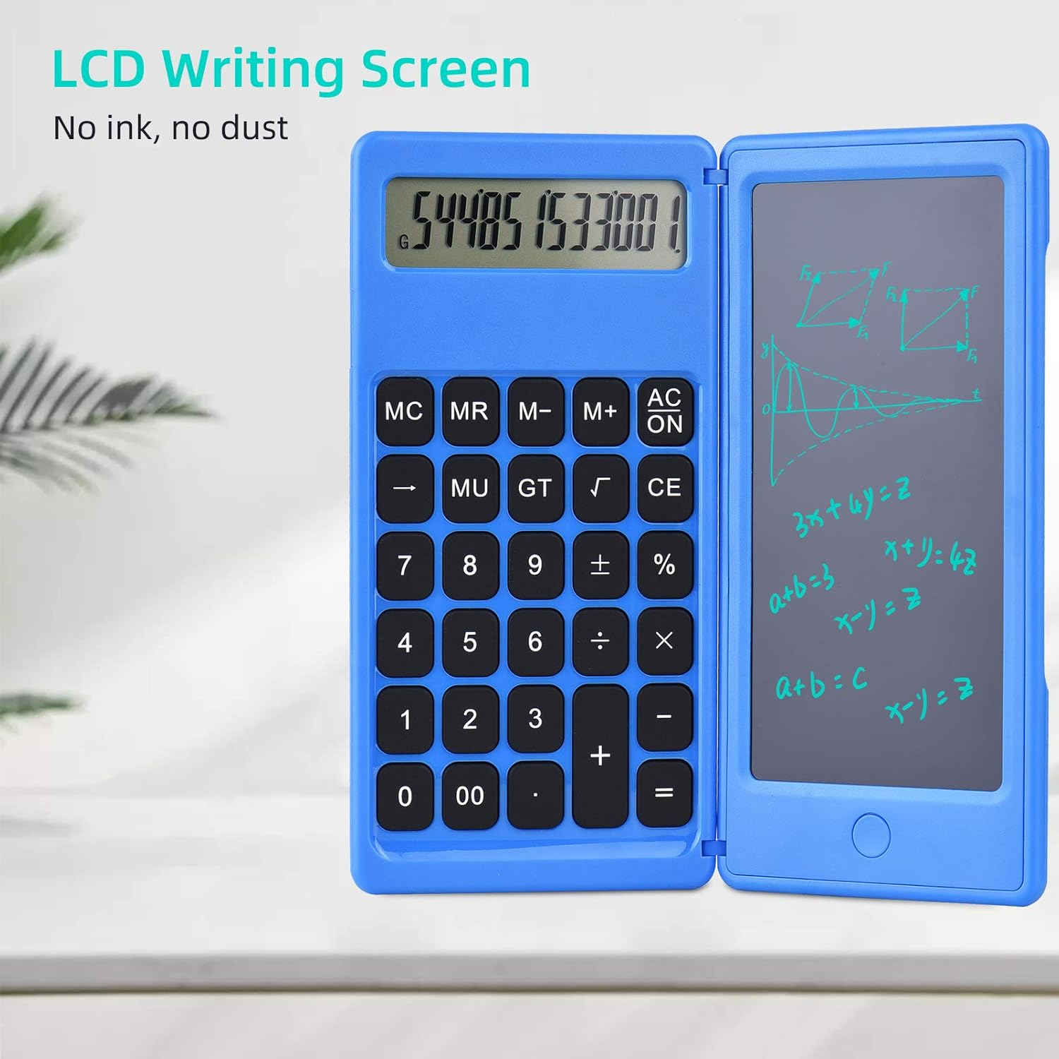 Blauer LCD-Schreibrechner mit offenem Display, das mathematische Gleichungen und Diagramme zeigt. Das Display zeigt Zahlen an.