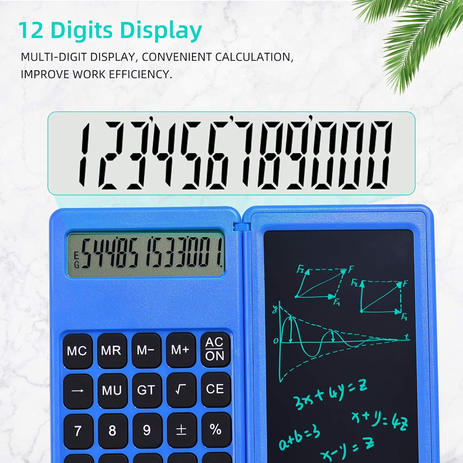 Blauer Taschenrechner mit Zahlen und Gleichungen. Anzeige zeigt '123456789000'. Ein weiterer Bildschirm mit Mathe-Diagrammen und Gleichungen.