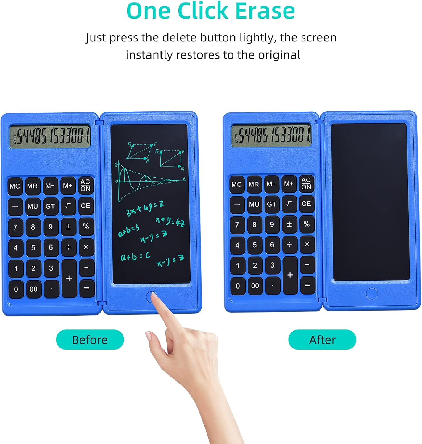Blauer Taschenrechner geöffnet und geschlossen, Gleichungen und gelöschter Bildschirm. Hand drückt die Löschtaste. Text: One Click Erase.