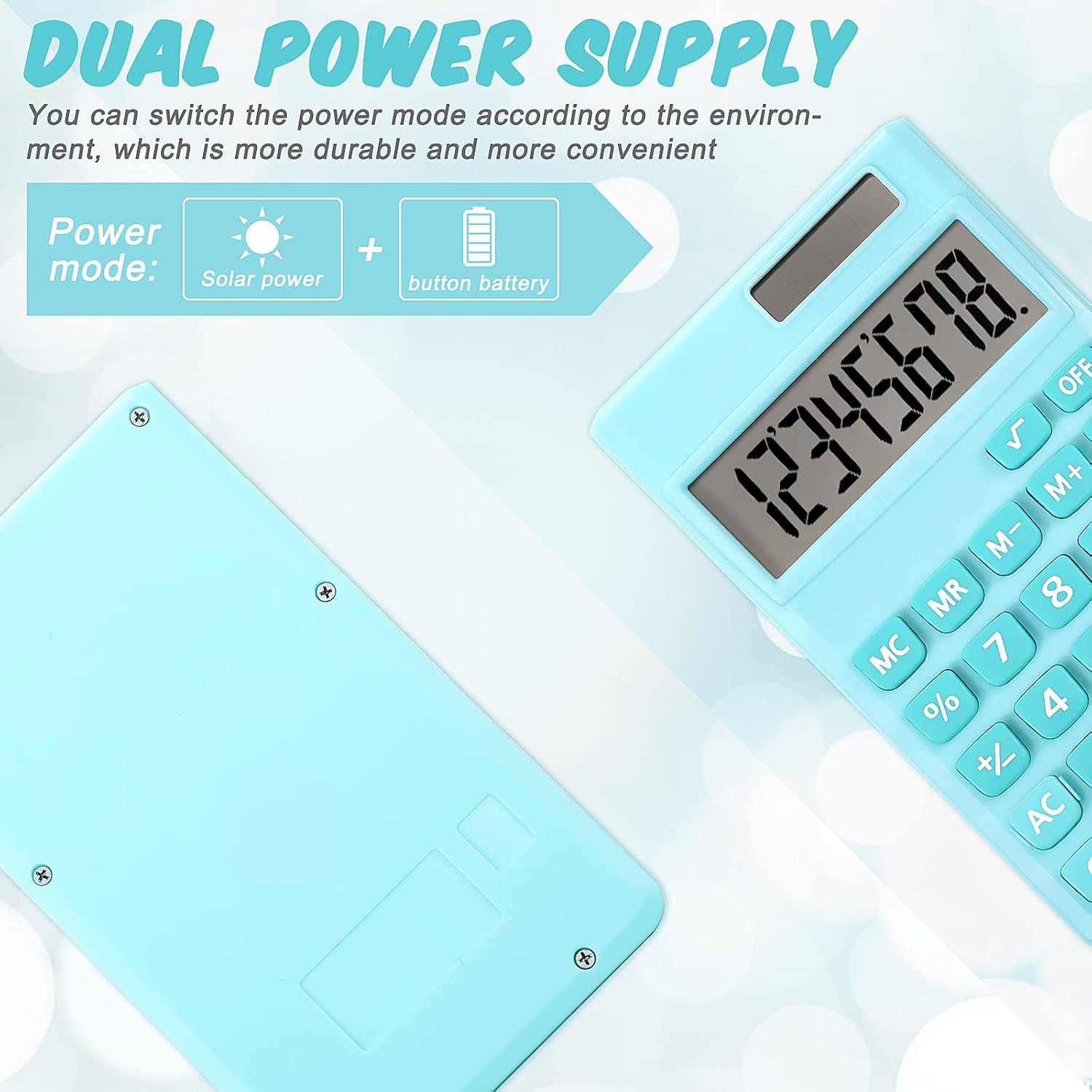 Ein hellblauer Taschenrechner mit angezeigten Zahlen. Er verfügt über Solar- und Batteriemodi. Der Text oben lautet 'DUAL POWER SUPPLY'.