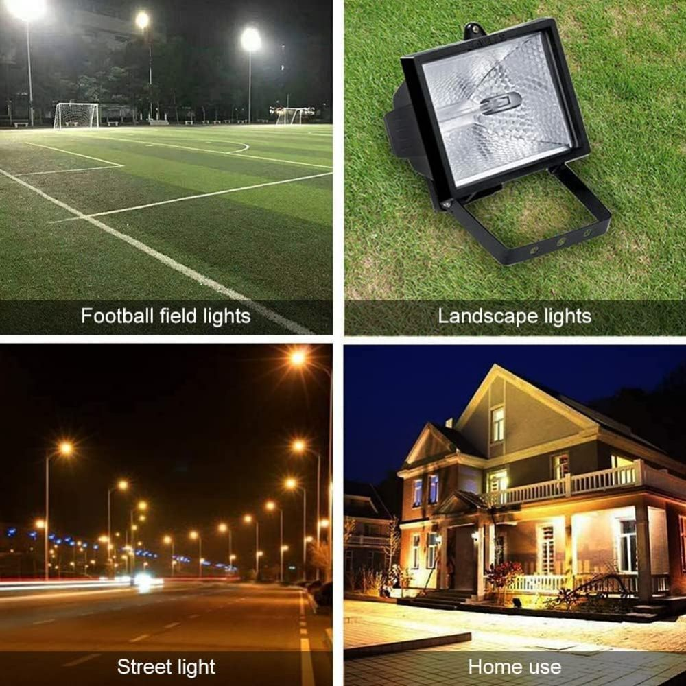 Das Bild zeigt verschiedene Lichtanwendungen: Beispiele für Fußballfeld-, Landschafts-, Straßen- und Hausbeleuchtung.